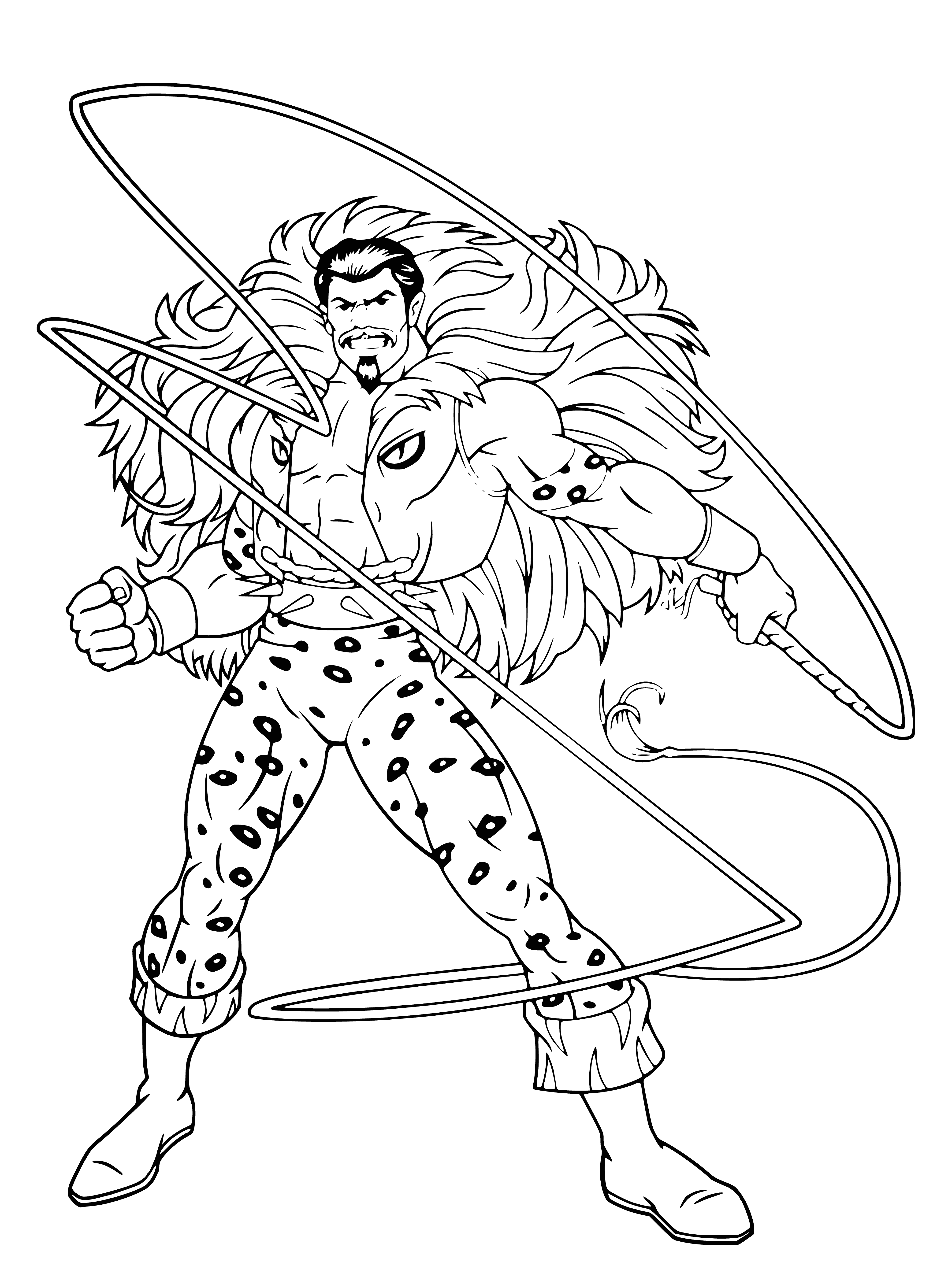 coloring page: He's bald with a scar, green-clad, and holding a rifle. His left hand is bandaged and he has a sack over his shoulder. Mean look on his face.