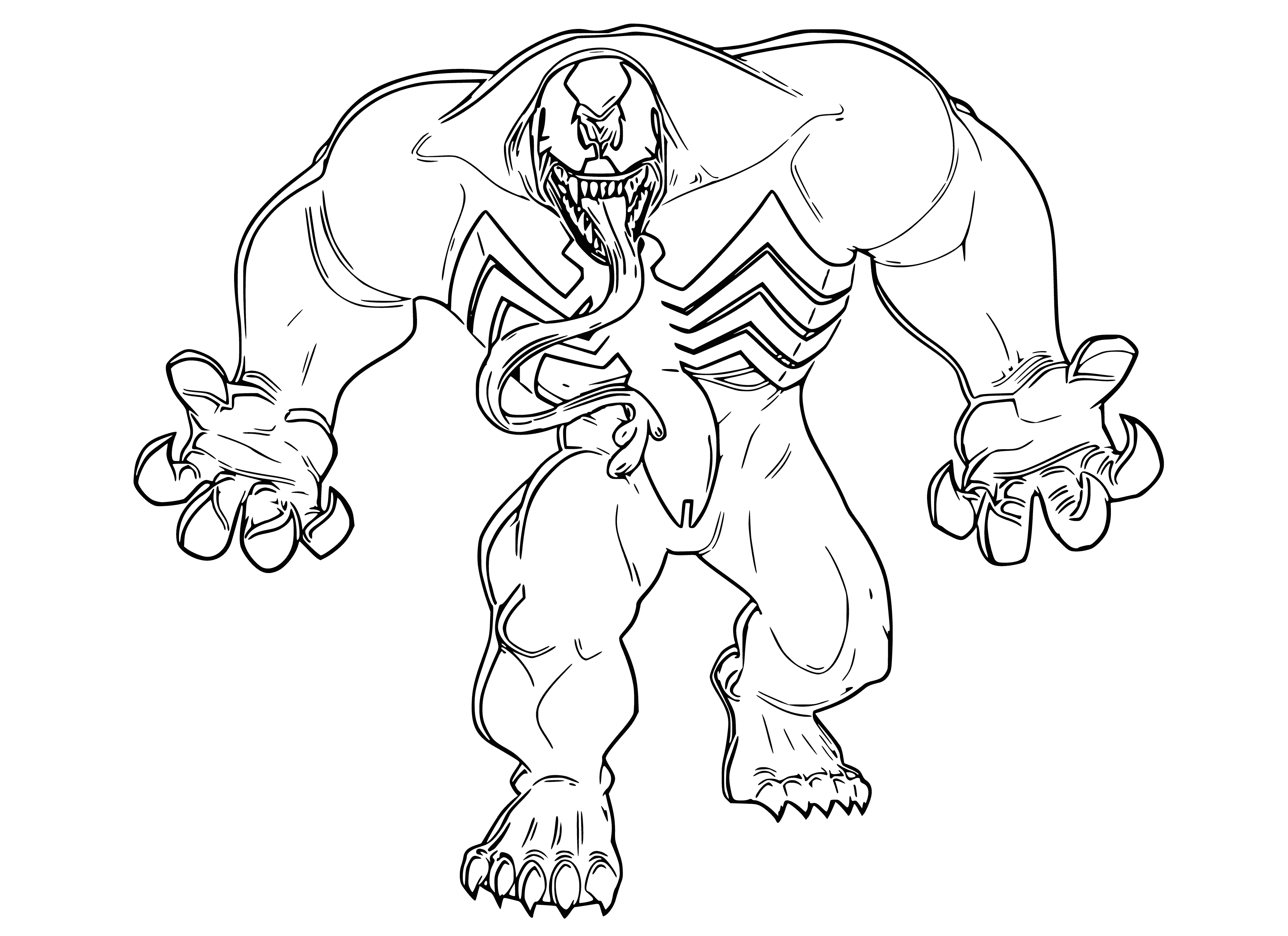 coloring page: Spider-Man & Venom battle: Venom has long, sharp teeth & is trying to bite Spidey. But Spidey's tryin' to web Venom's mouth shut!
