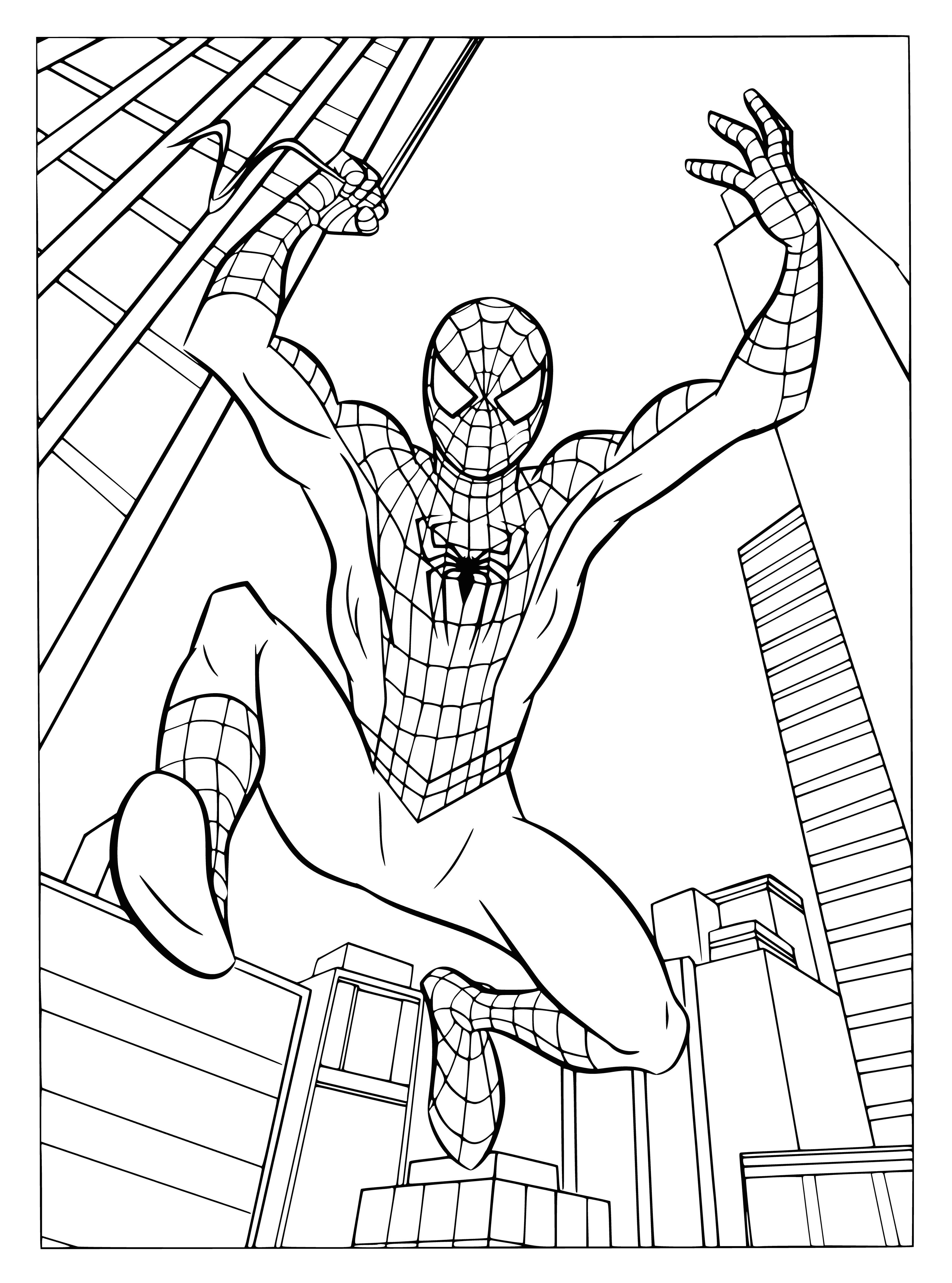 coloring page: Man in spider costume stands on building, with blue and red suit, black mask, and spider on chest. #superhero