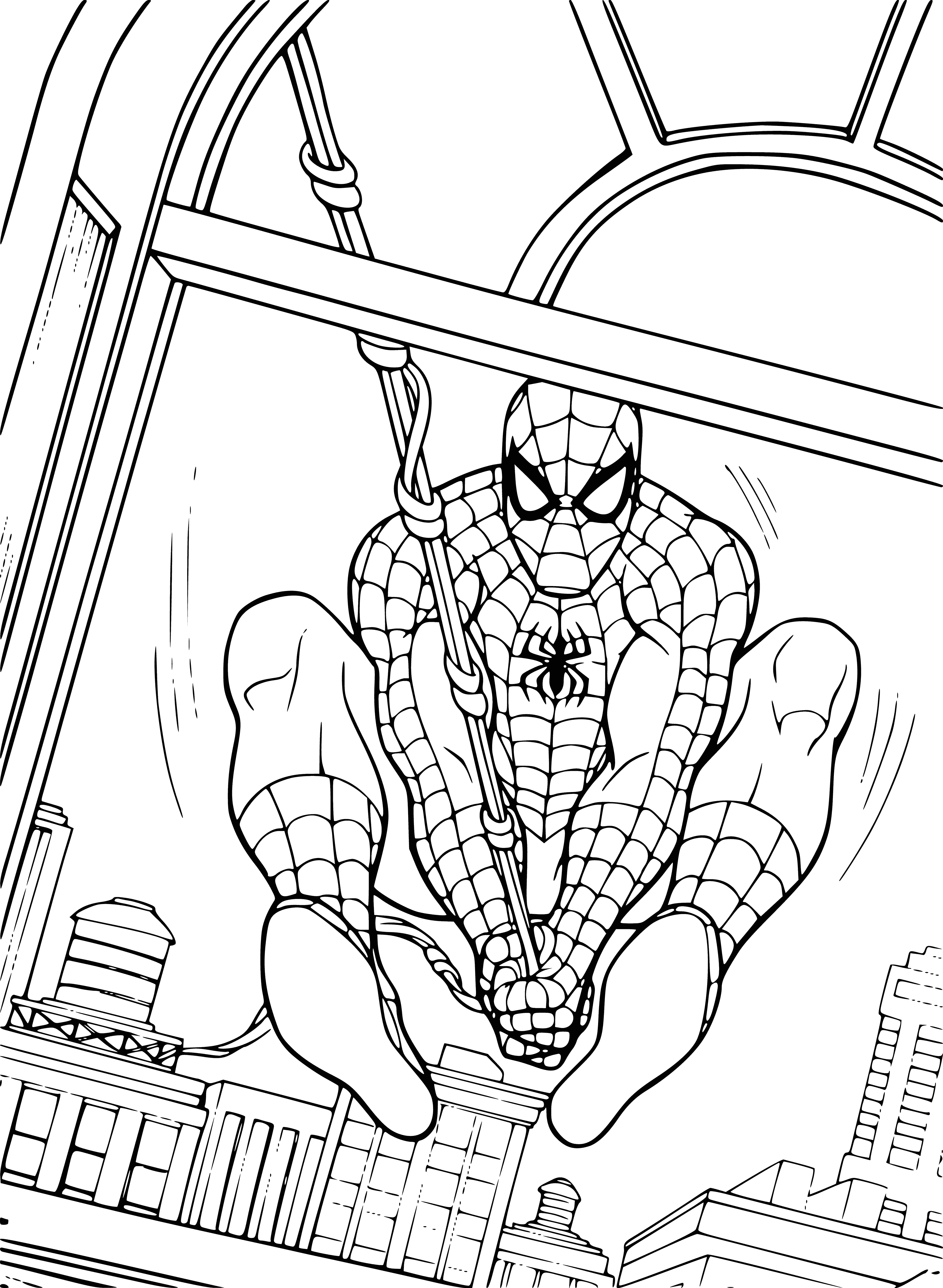 coloring page: Spider-Man stands atop a building, ready to fight in his red & blue suit with a red spider symbol & black mask. Fists clenched, he's ready for action!