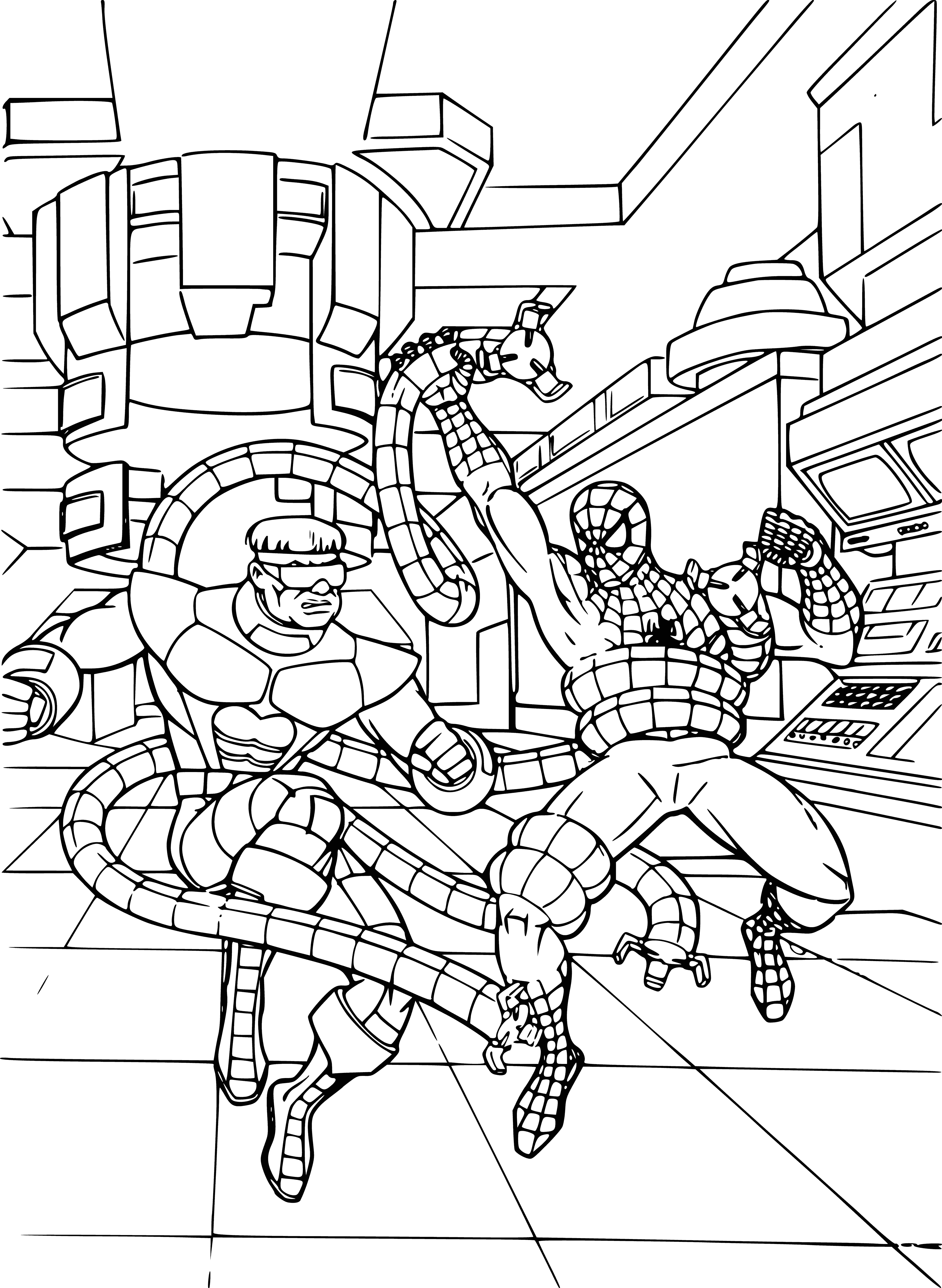 coloring page: SpiderMan dodging Doctor Octopus' metal arms & kicking him in epic battle.