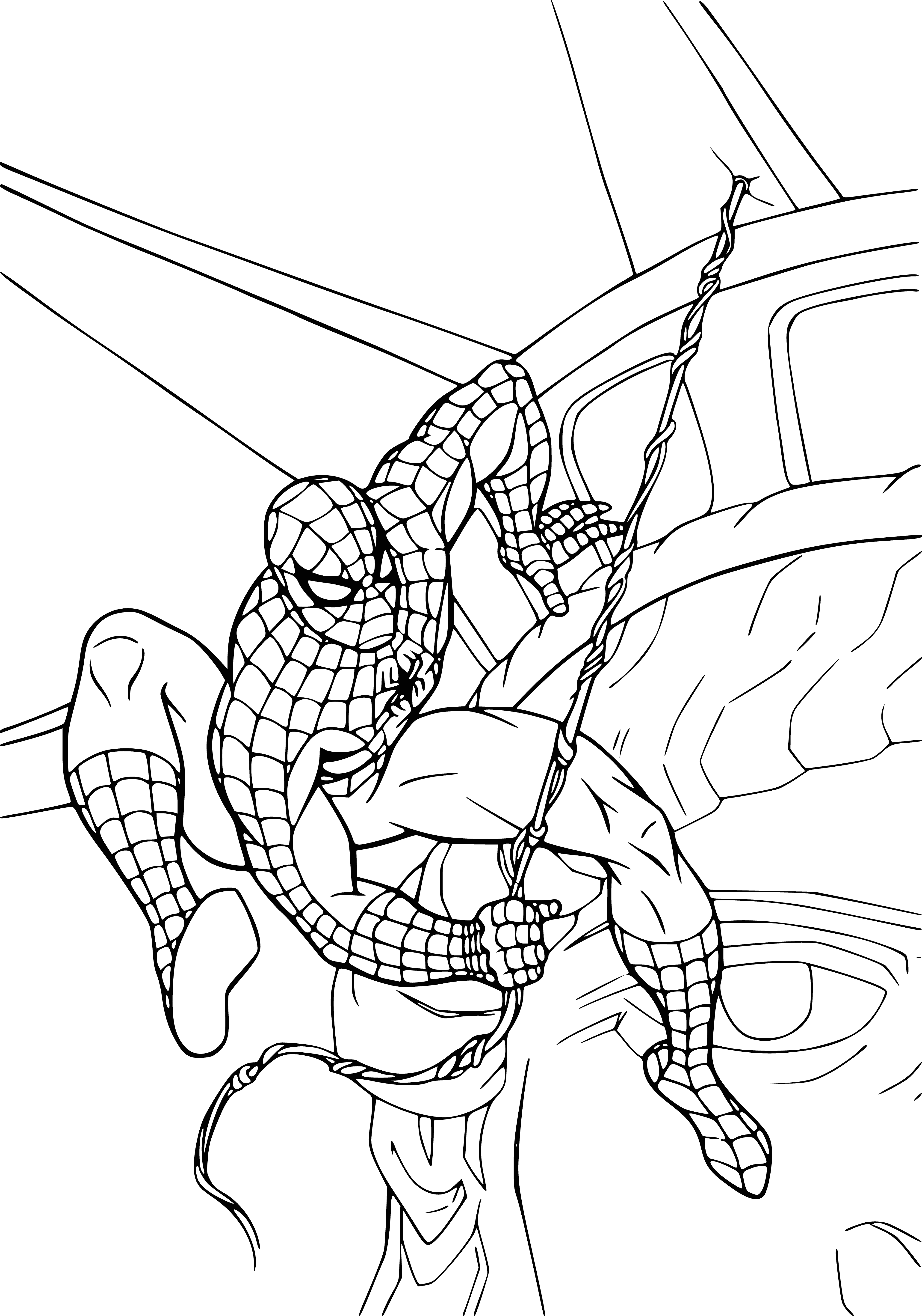 coloring page: Spider-Man fights crime in a red and blue costume w/ webbing, a black mask & red spider symbol. His hair is black & he uses special powers to help others.