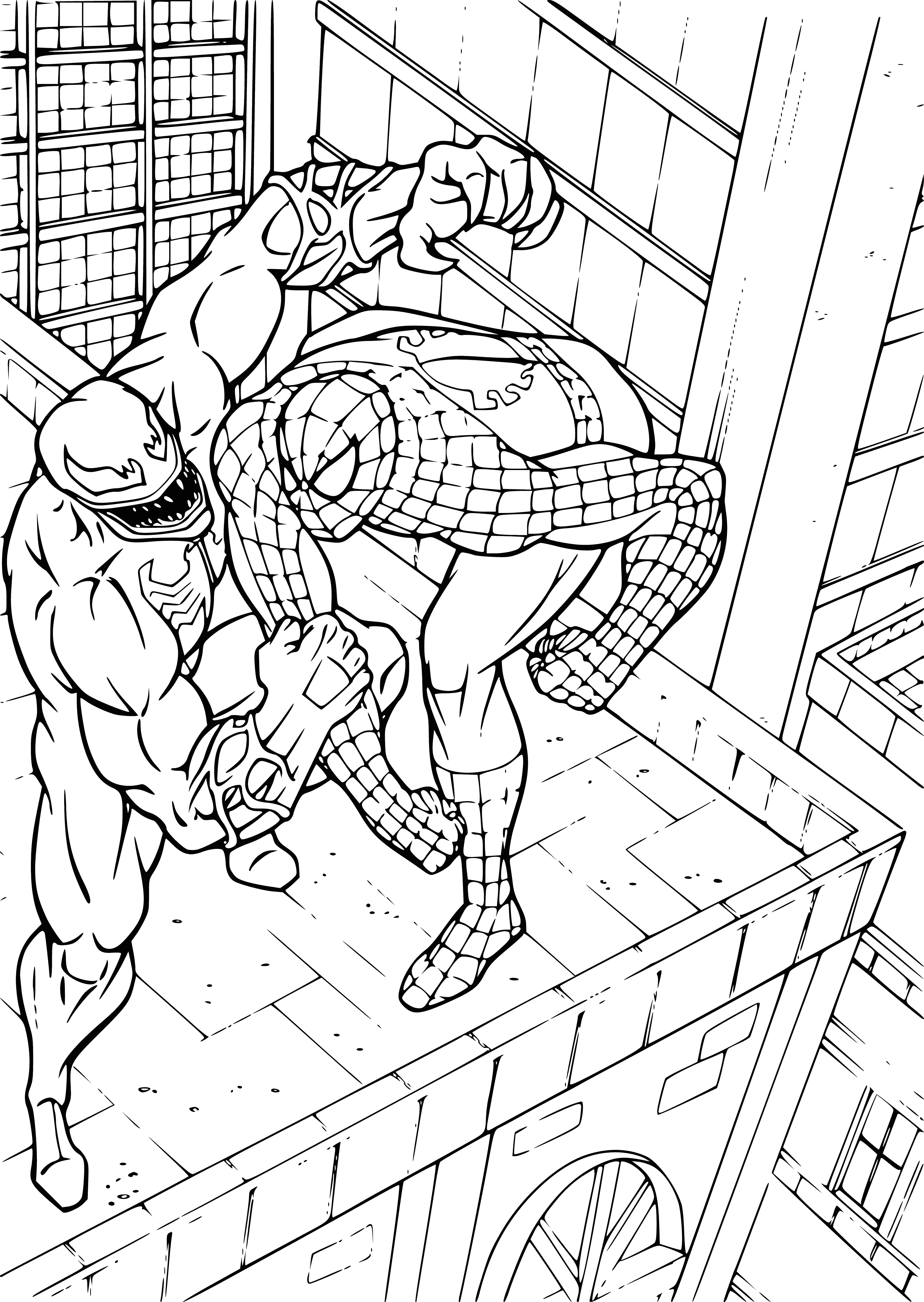 coloring page: Man in Spiderman costume battles Black Death in a night-time cityscape in Spiderman-Black Death painting. #Superhero #Painting