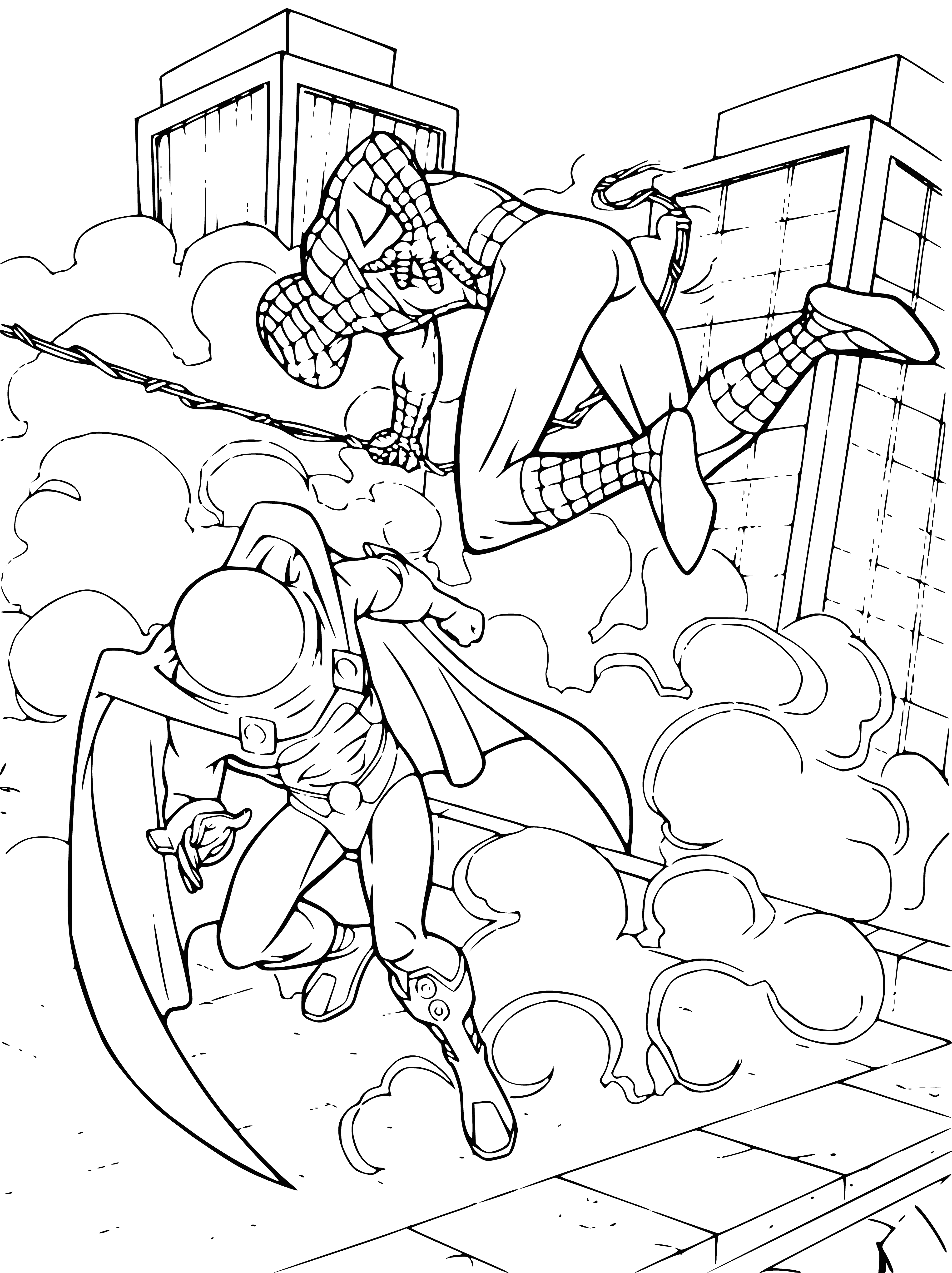 coloring page: Spider-Man stands against a blue and white background with a red and blue costume with a black spider web design, arms raised and lowered. Eyes wide, mouth small. #SpiderMan