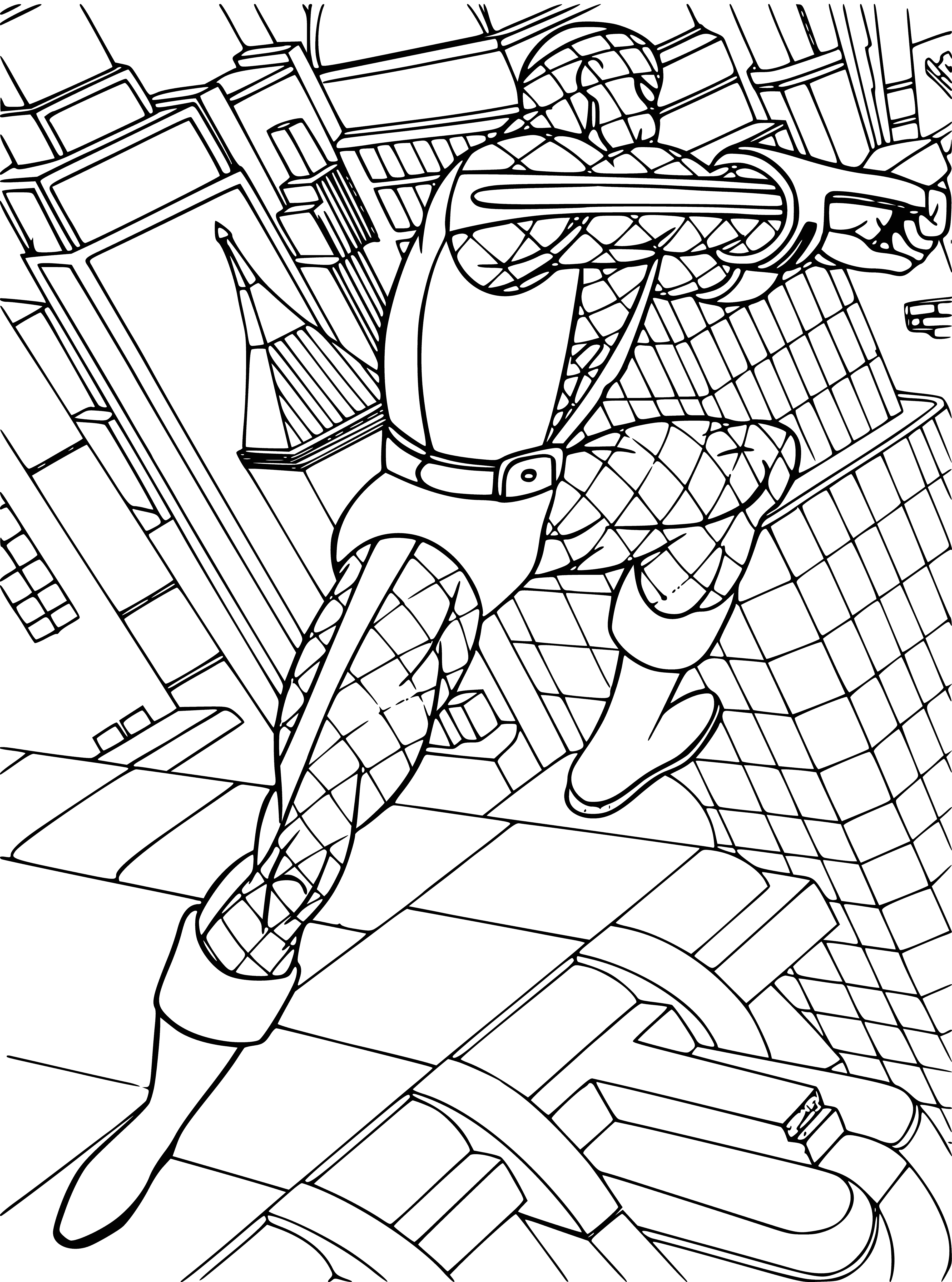 coloring page: Green Goblin is Spider-Man's arch-nemesis, using gadgets & hi-tech weapons in battle against him.