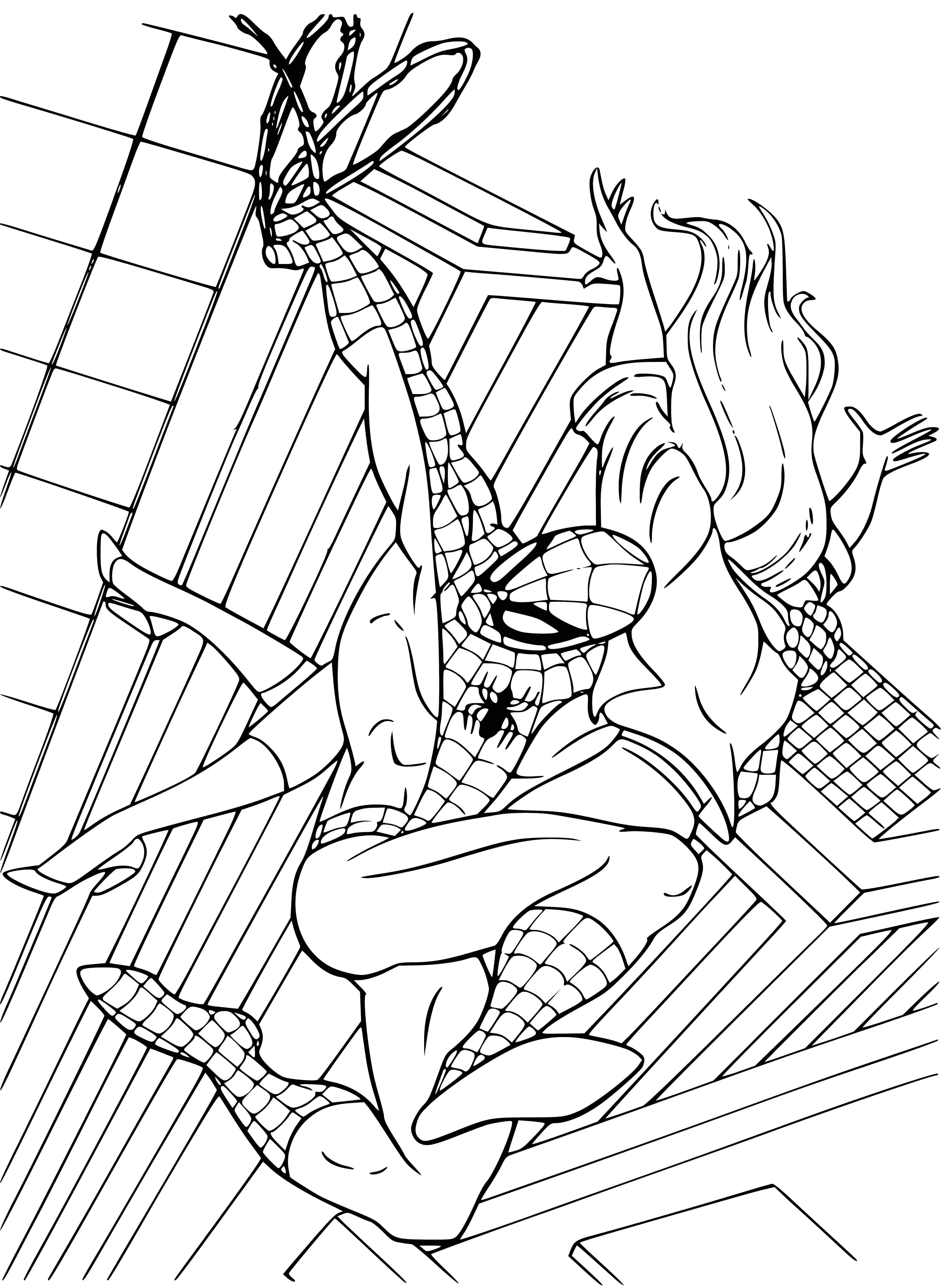 coloring page: Spiderman saves a girl from falling, his gaze fixed on her. His arm firmly supporting her and his other hand clutching the building.