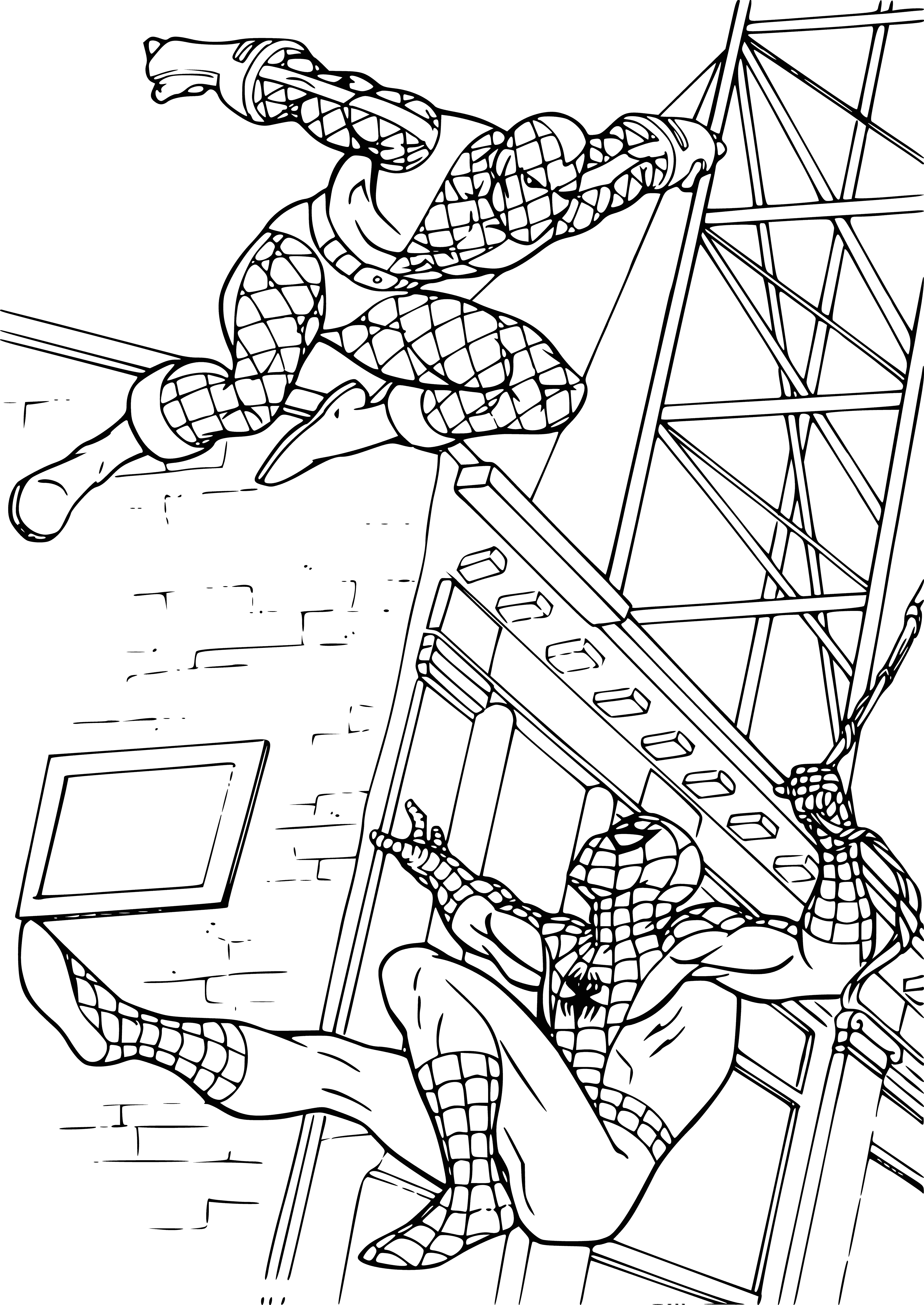 coloring page: Spiderman in red/blue suit, black spider, red mask & white eyes standing on building, enemy large spider in background.
