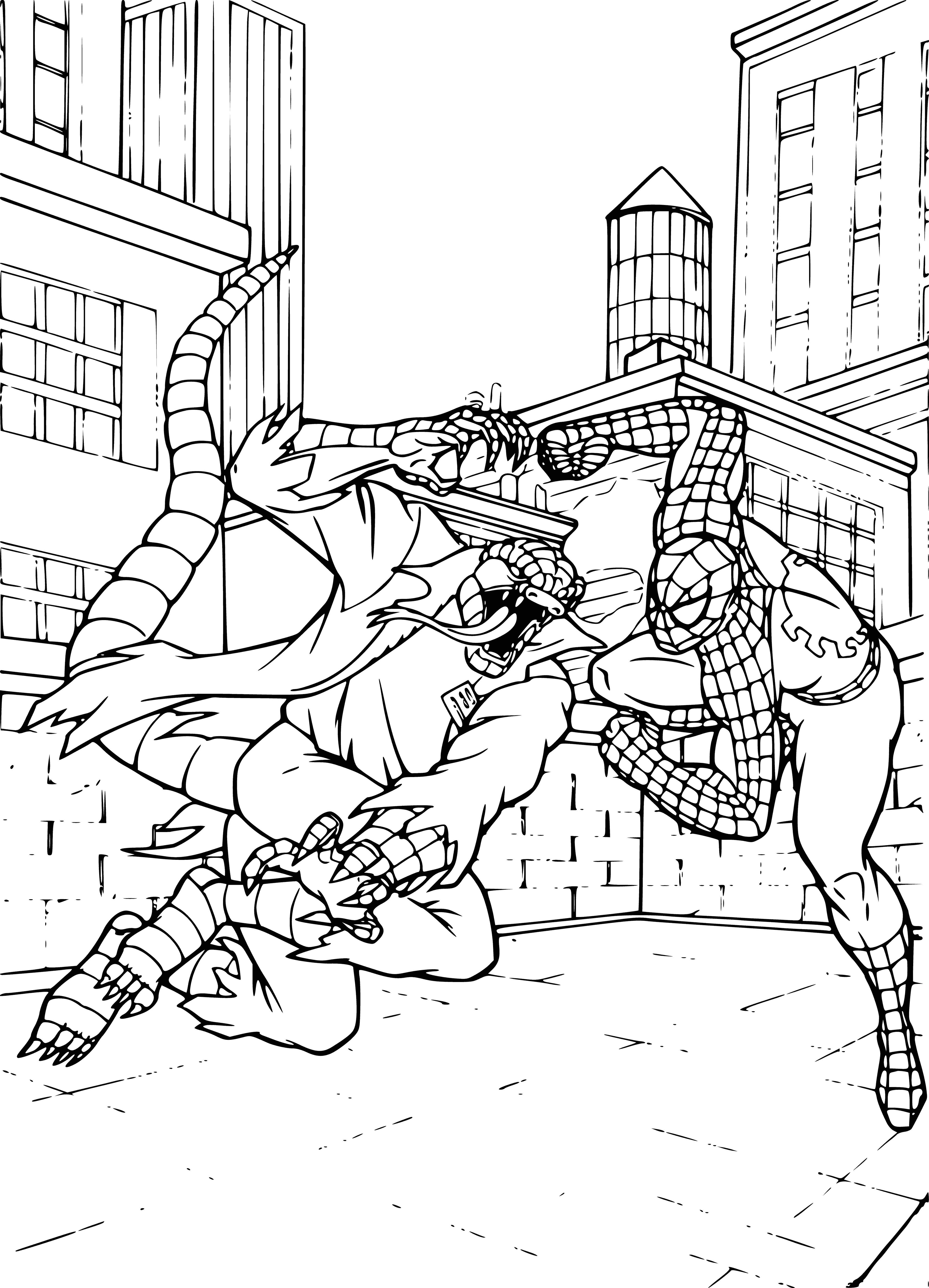 coloring page: Spider-Man & The Lizard face off in a colorful battle. Spider-Man in red & blue, The Lizard a fierce green w/ black spots, claws, tail & tongue. Ready to fight!