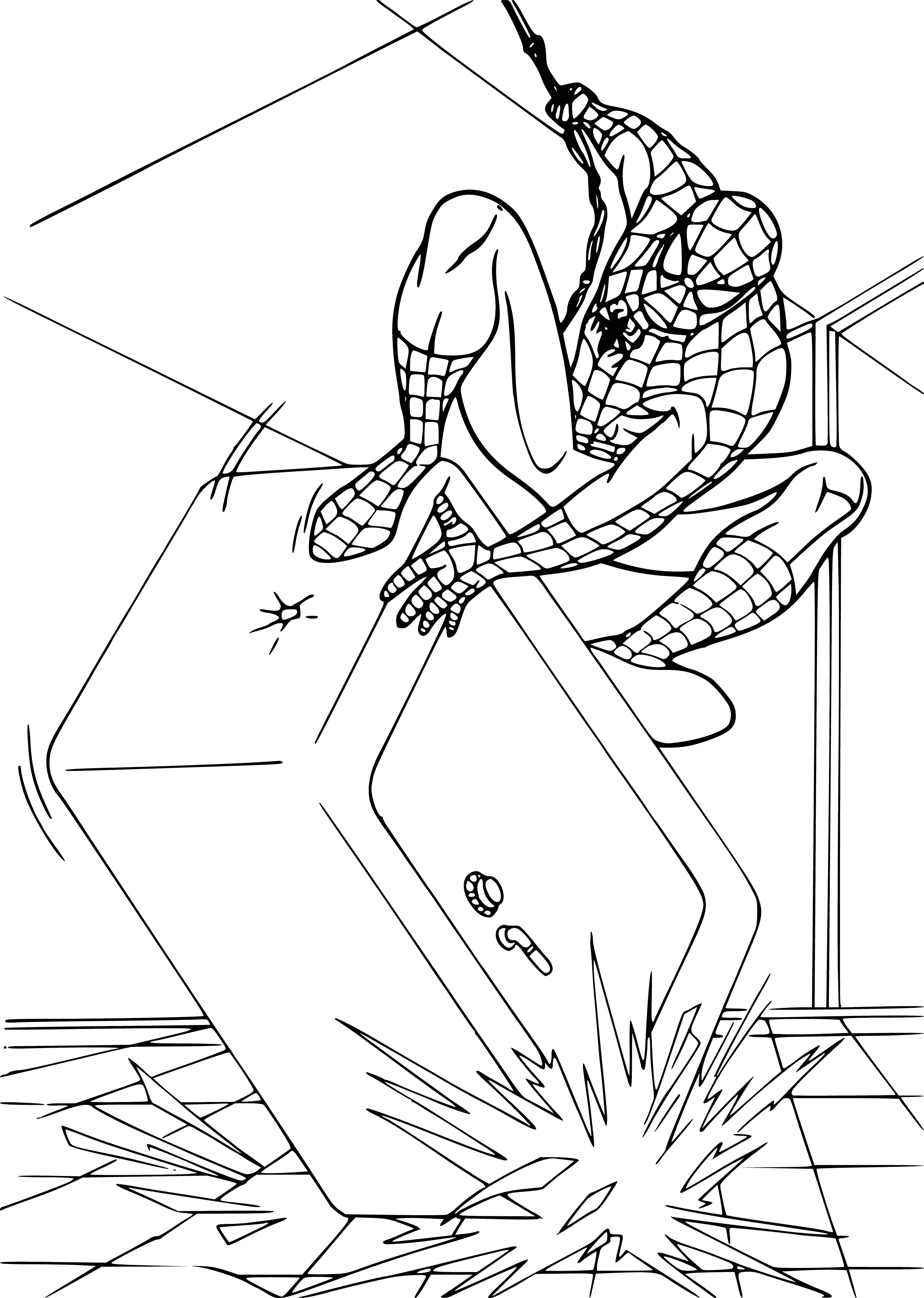 coloring page: SpiderMan hangs from building, red-blue costume w/ black spider, hidden face behind mask. #Superhero