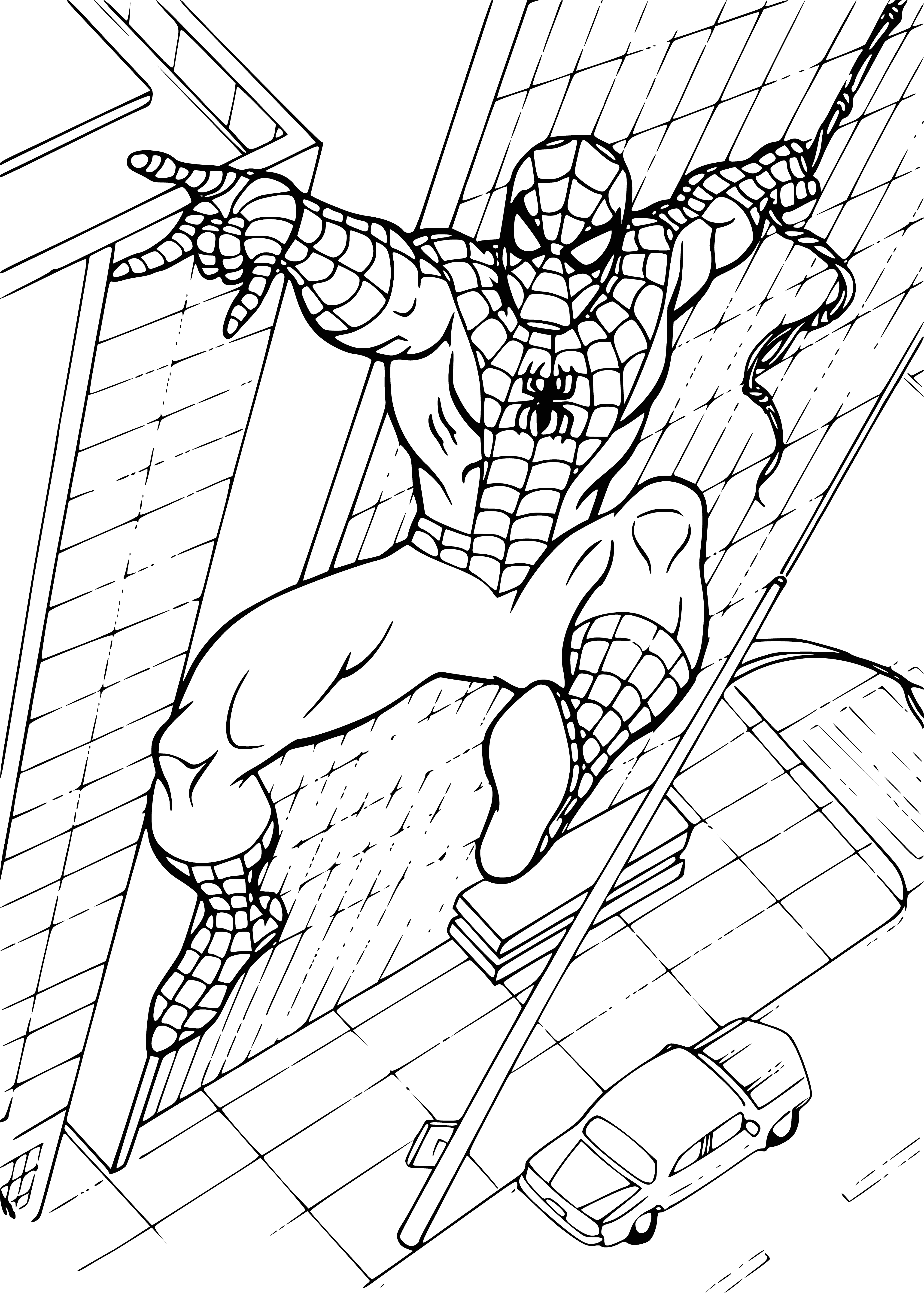 coloring page: Spider-Man hangs on a web from a building, in red and blue, masking his face and looking up.