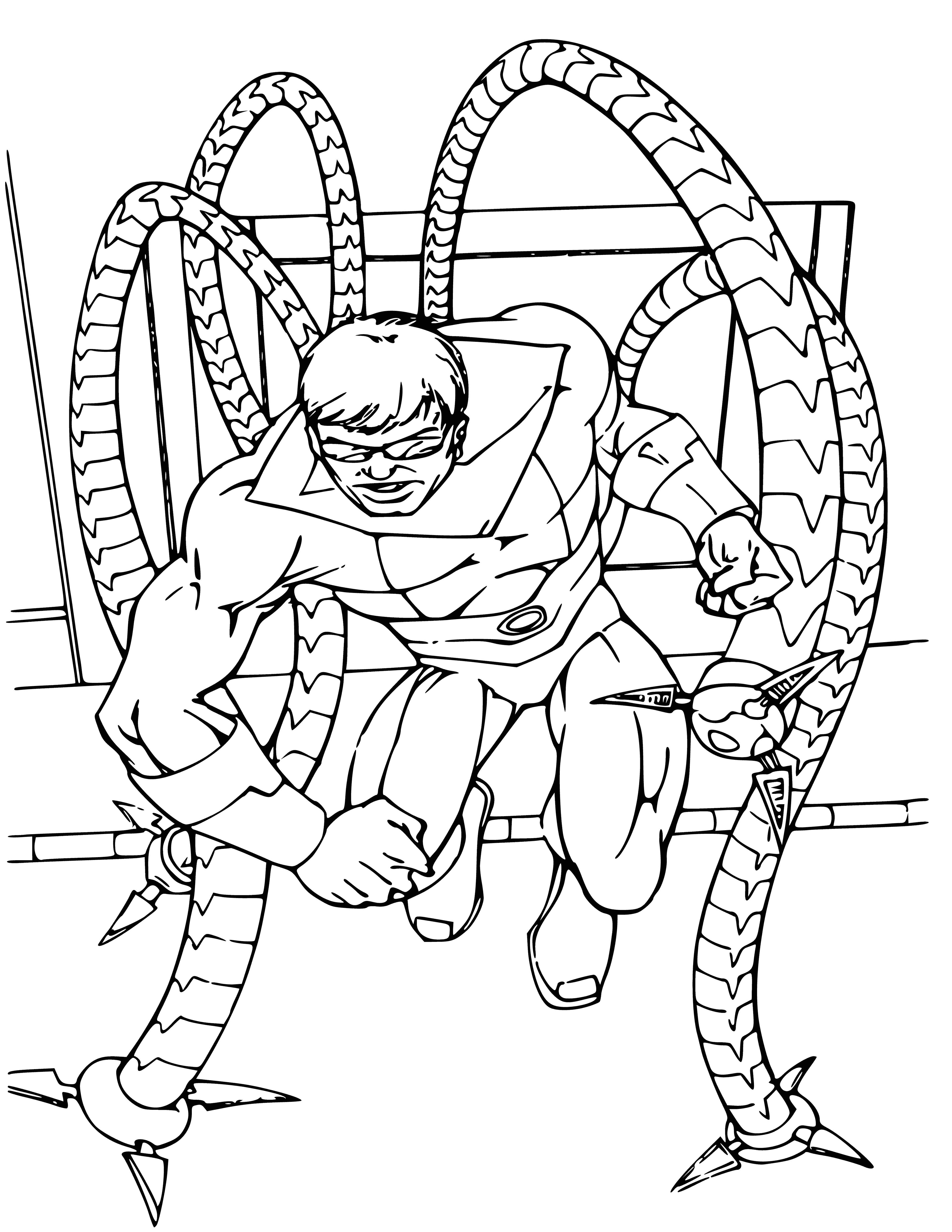 coloring page: Spider-Man dodges tentacles & shoots webbing at Dr. Octopus in fight.