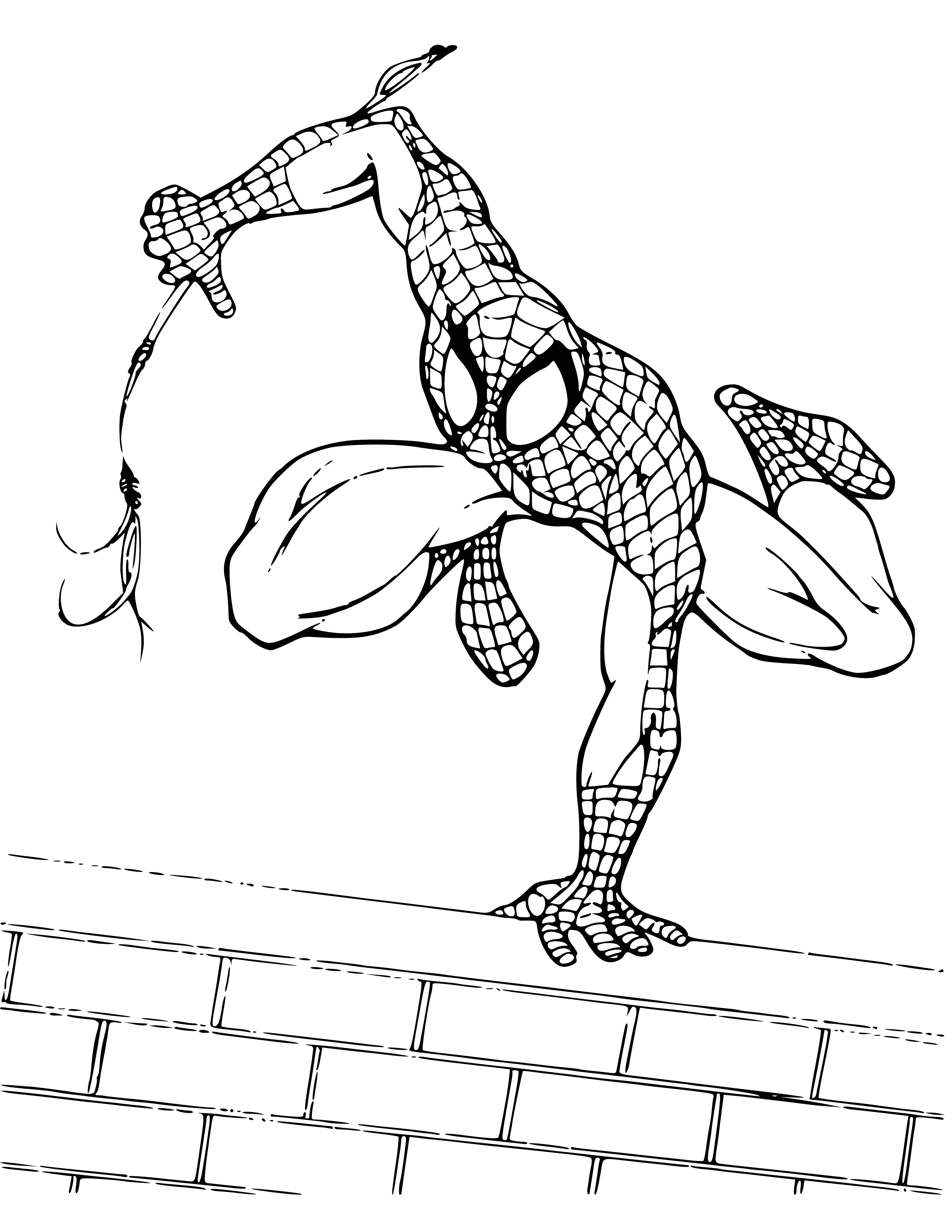 coloring page: Swinging Spidey in his classic red and blue suit with black spider insignia, web shooter, red mask and white eyes, ready to save the city.