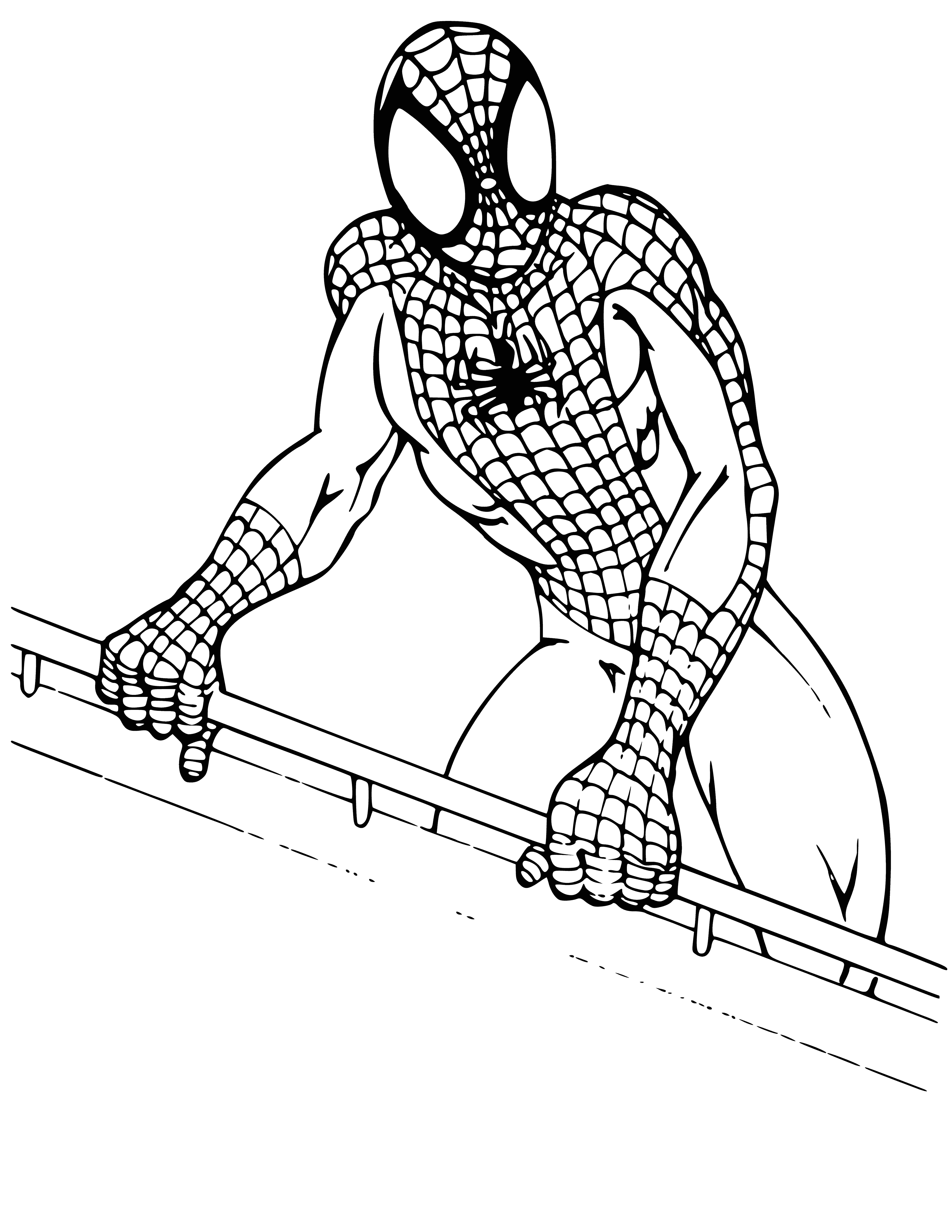coloring page: Superhero Spiderman fights crime in red and blue costume with spider symbol, black mask, gloves and boots.