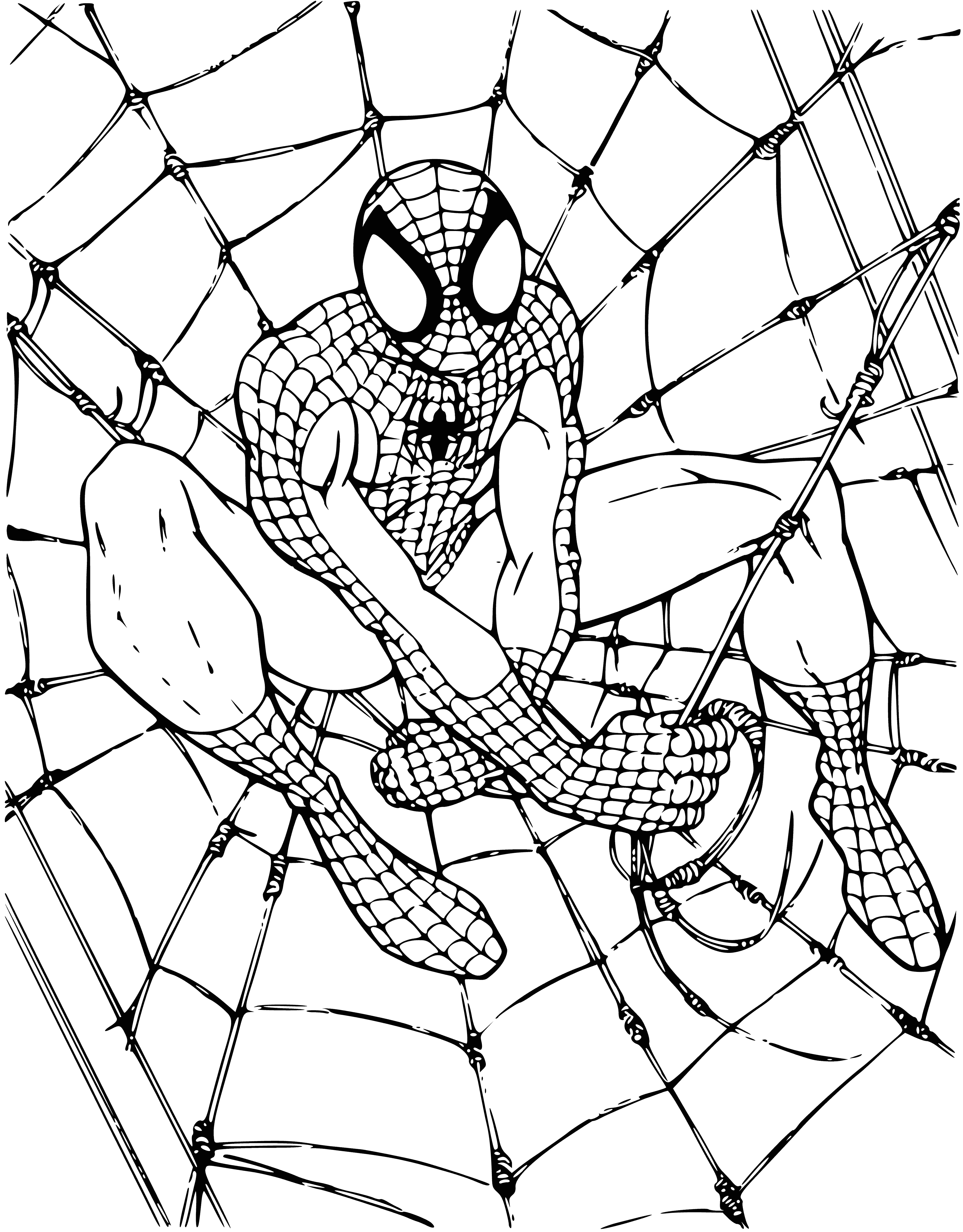 coloring page: Spiderman shoots web, wrapping enemy in sticky white web. Enemy can't get free.