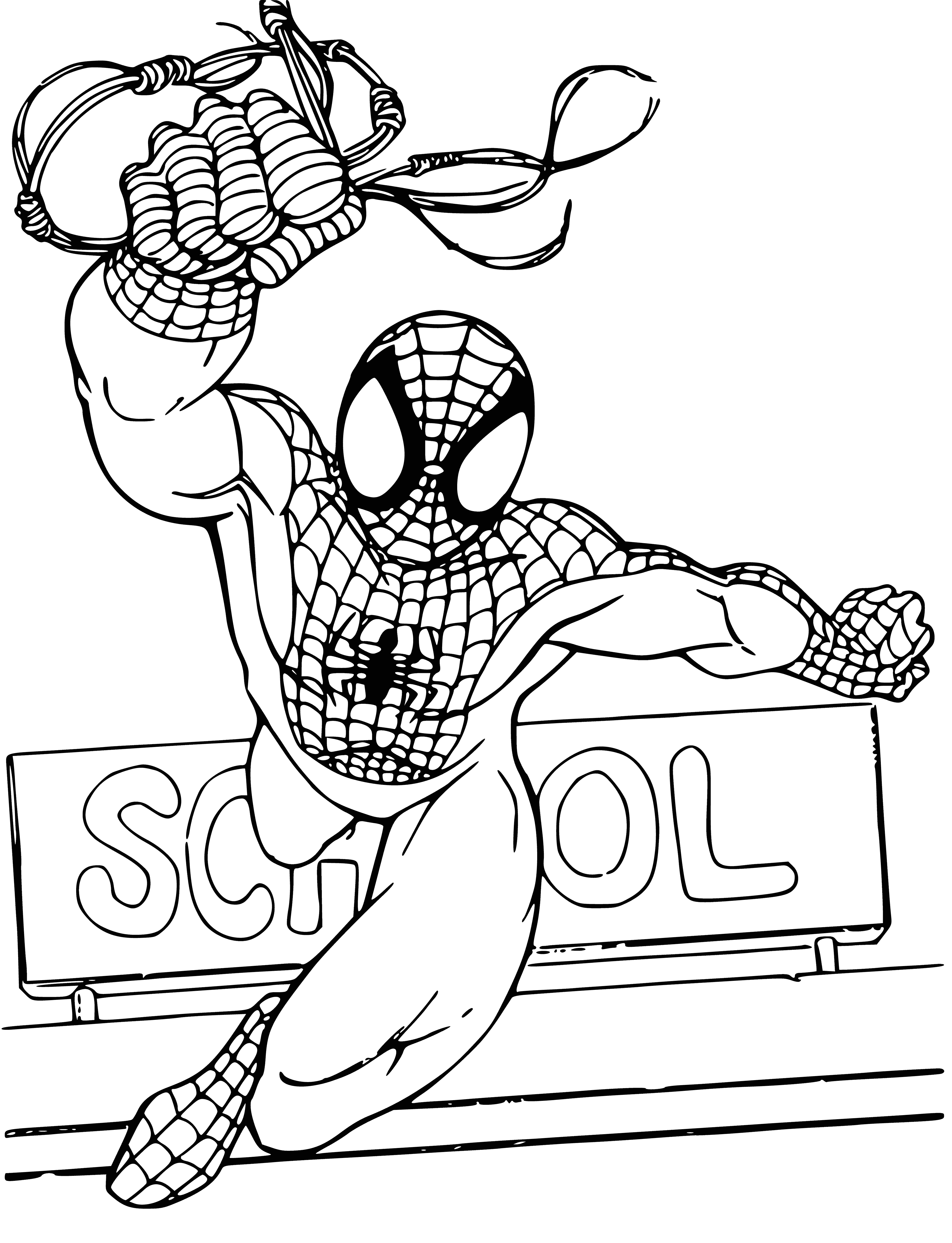 coloring page: Spider-Man in red/blue suit w/ black mask & white eyes standing on a building, arms outstretched.
