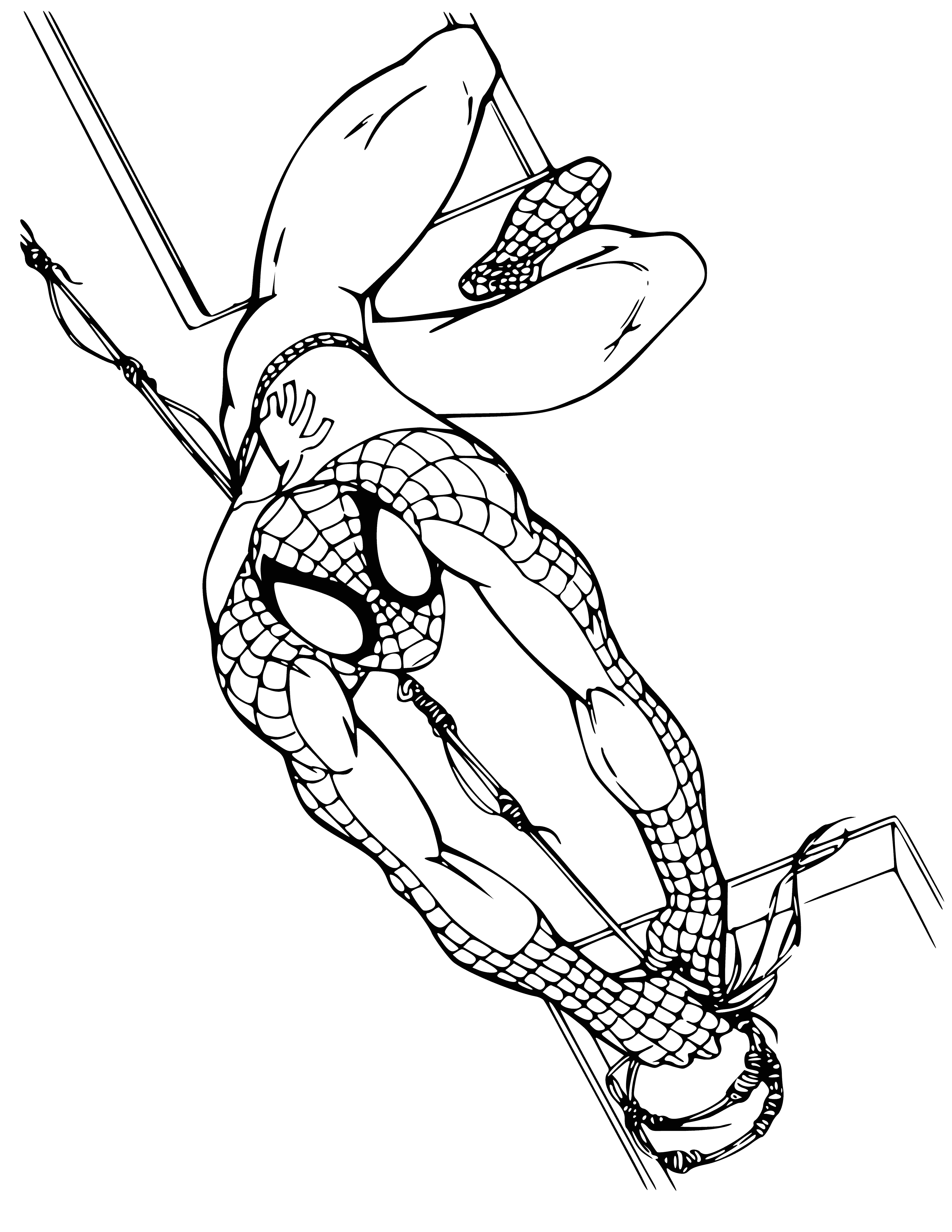 coloring page: Man in Spiderman suit w/ mask & crossed arms stands against brick wall, signature red & blue suit. #coloring