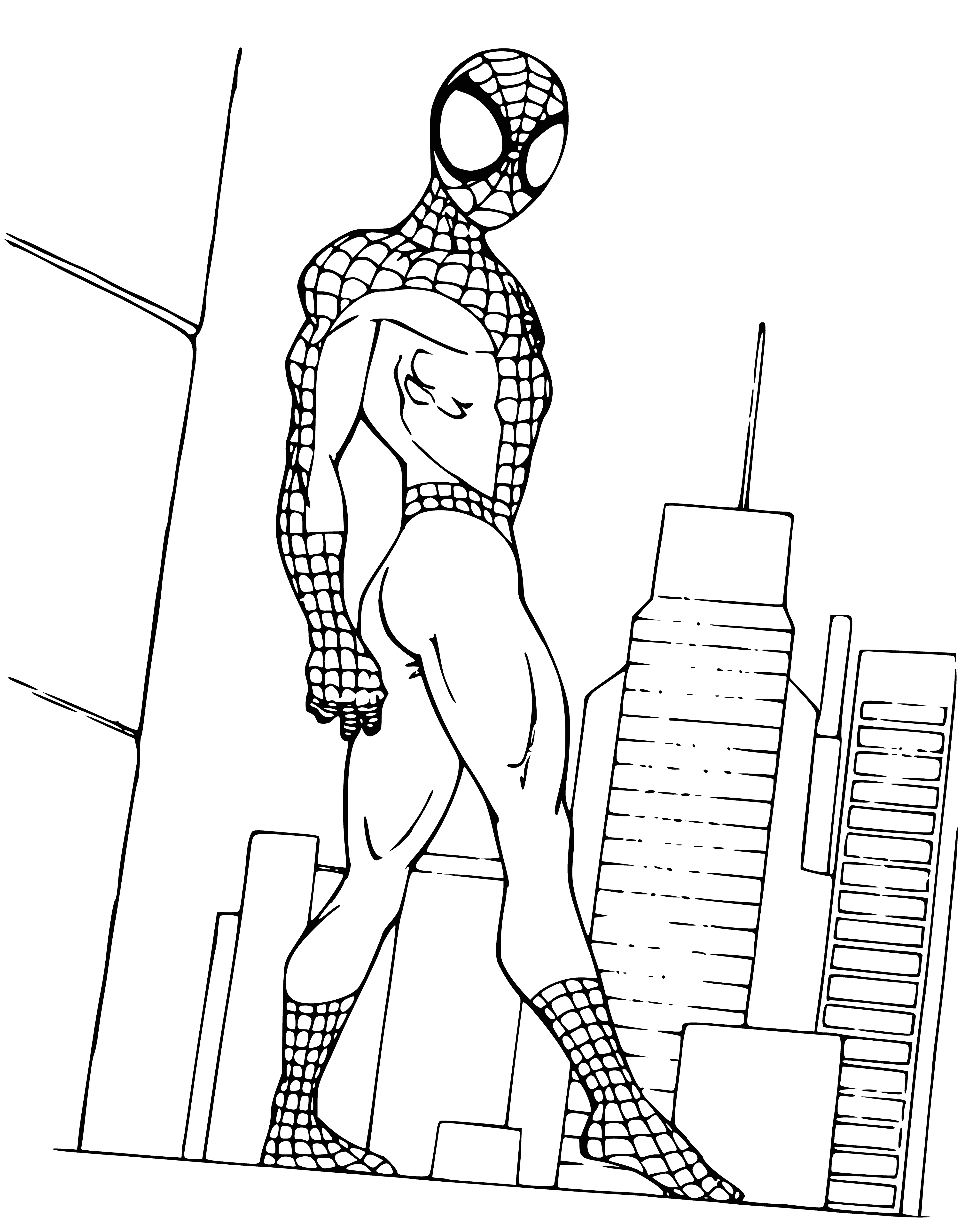 coloring page: Spider-Man is perched on a building, webbed suit & rope of webbing in hand, ready to protect the cityscape behind him.
