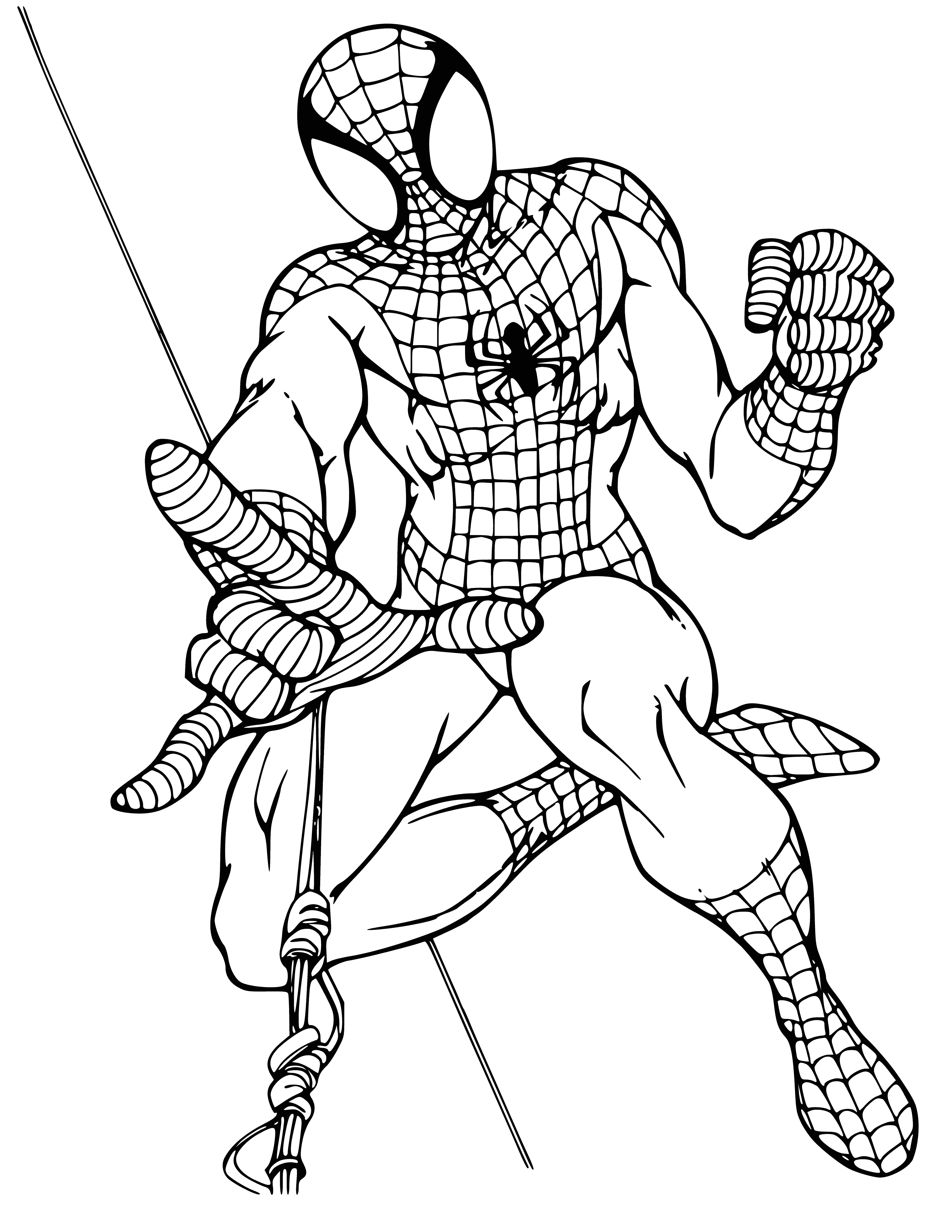 coloring page: Spiderman fights crime in a red and blue suit with a spider web design and a red mask with big white eyes.