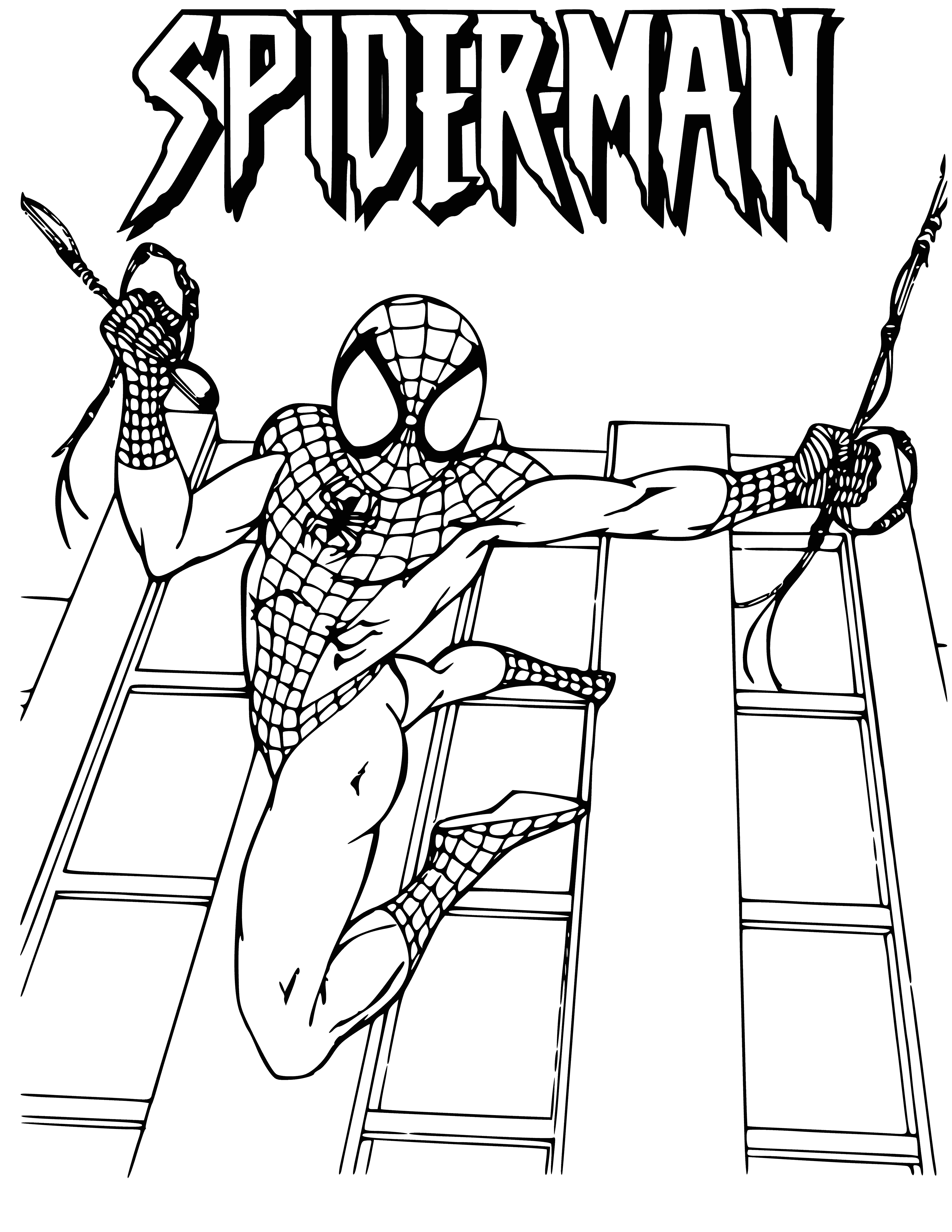 coloring page: 140 chars: Spider-Man is a web-slinging masked superhero in a red and blue suit, sporting a spider emblem and black hair & eyes.