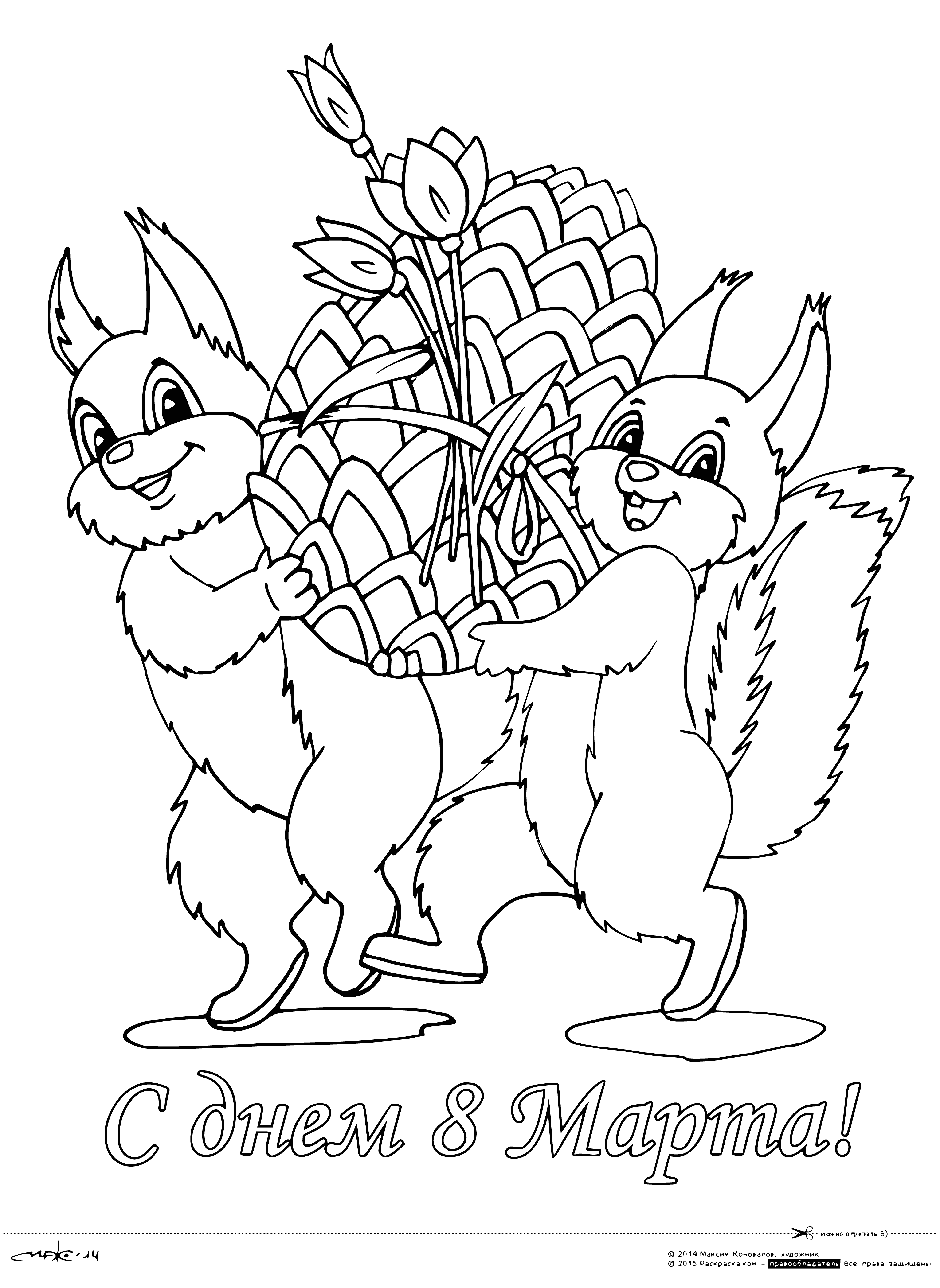 coloring page: A cartoon woman celebrates International Women's Day, holding a gold 8 in one hand and a ribbon in the other. "Happy 8 March!" text reads.