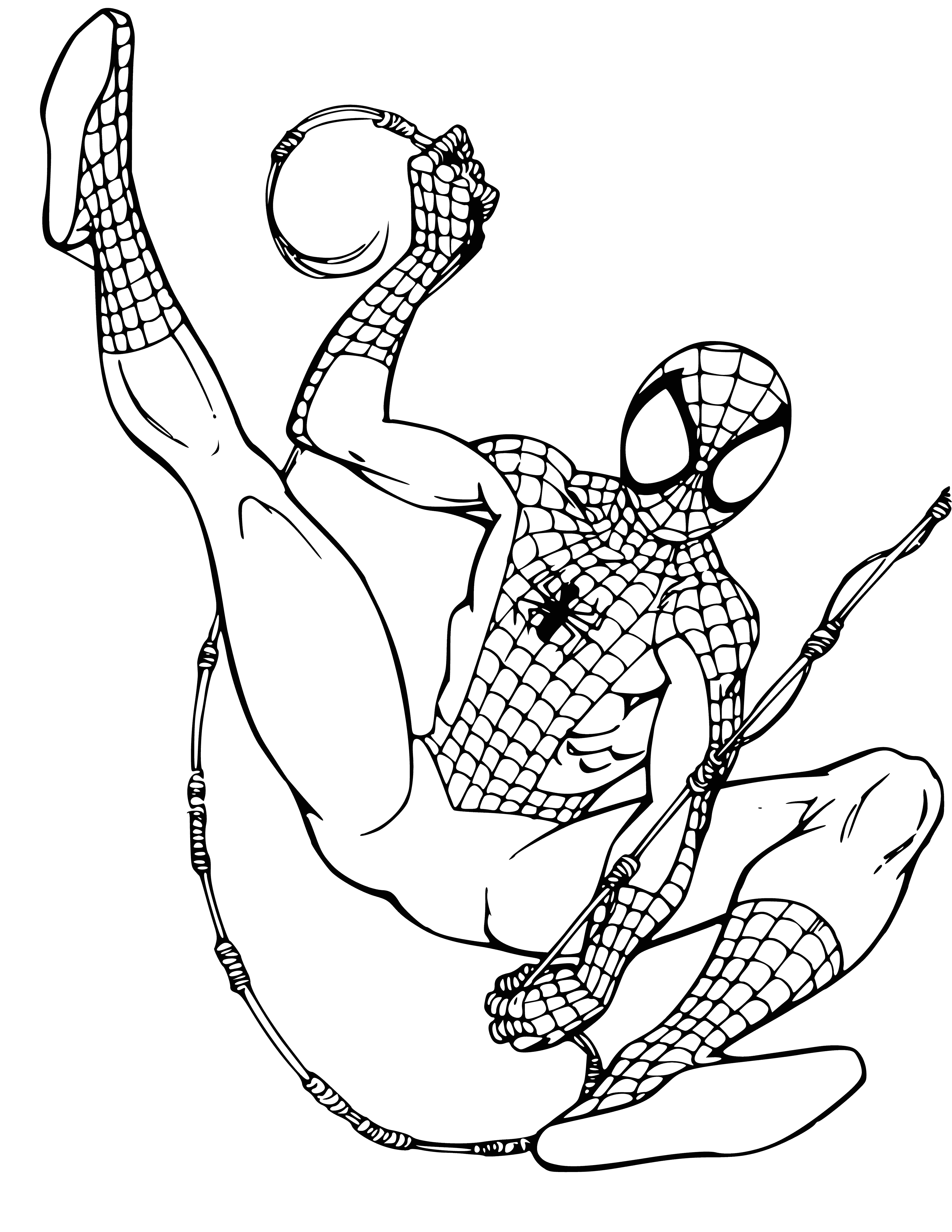 coloring page: A man in a spider suit stands atop a building with outstretched arms, looking off to the side.