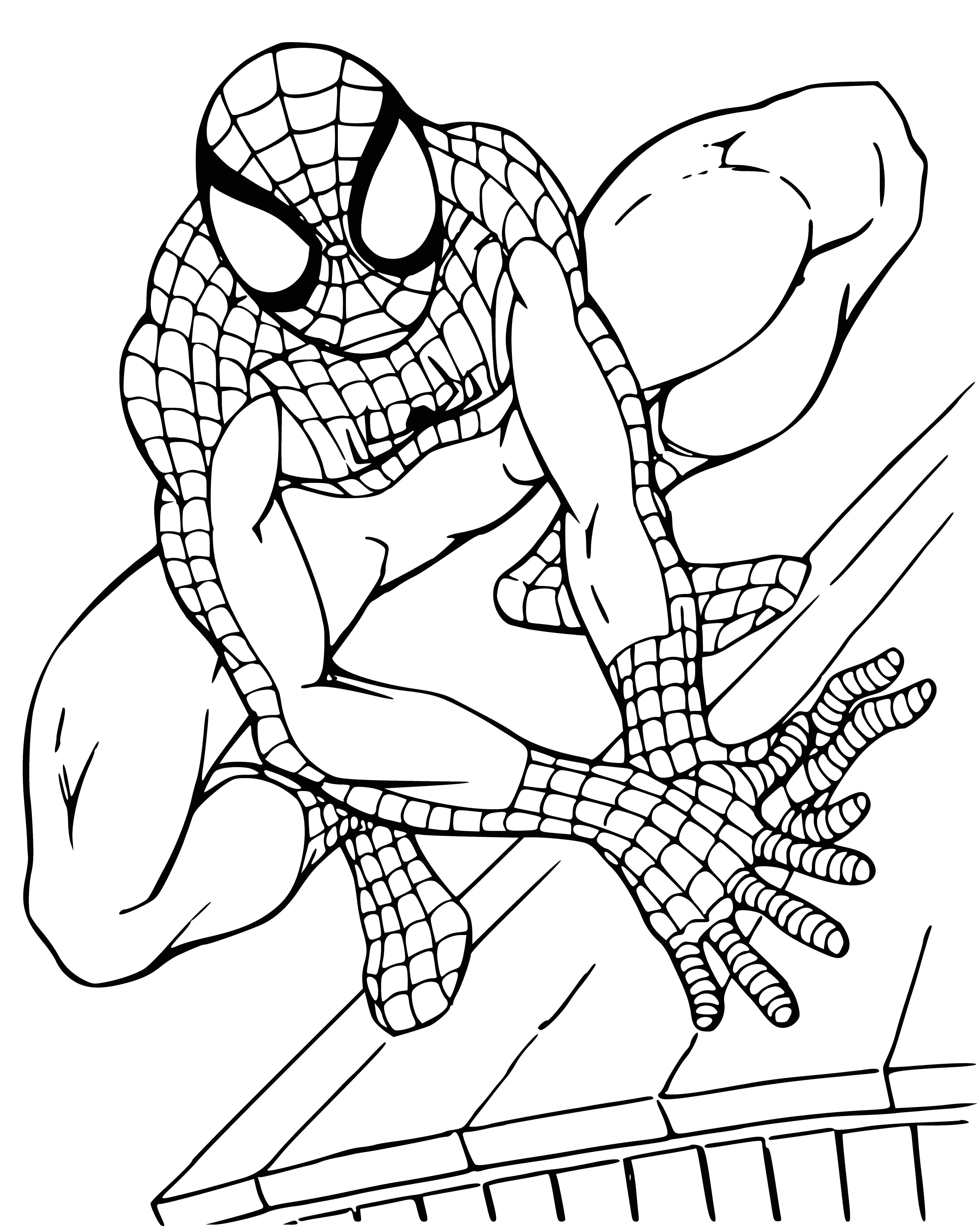 coloring page: Man in red-and-blue suit with spider emblem, black mask, head in hands on bench in city - something's not right.