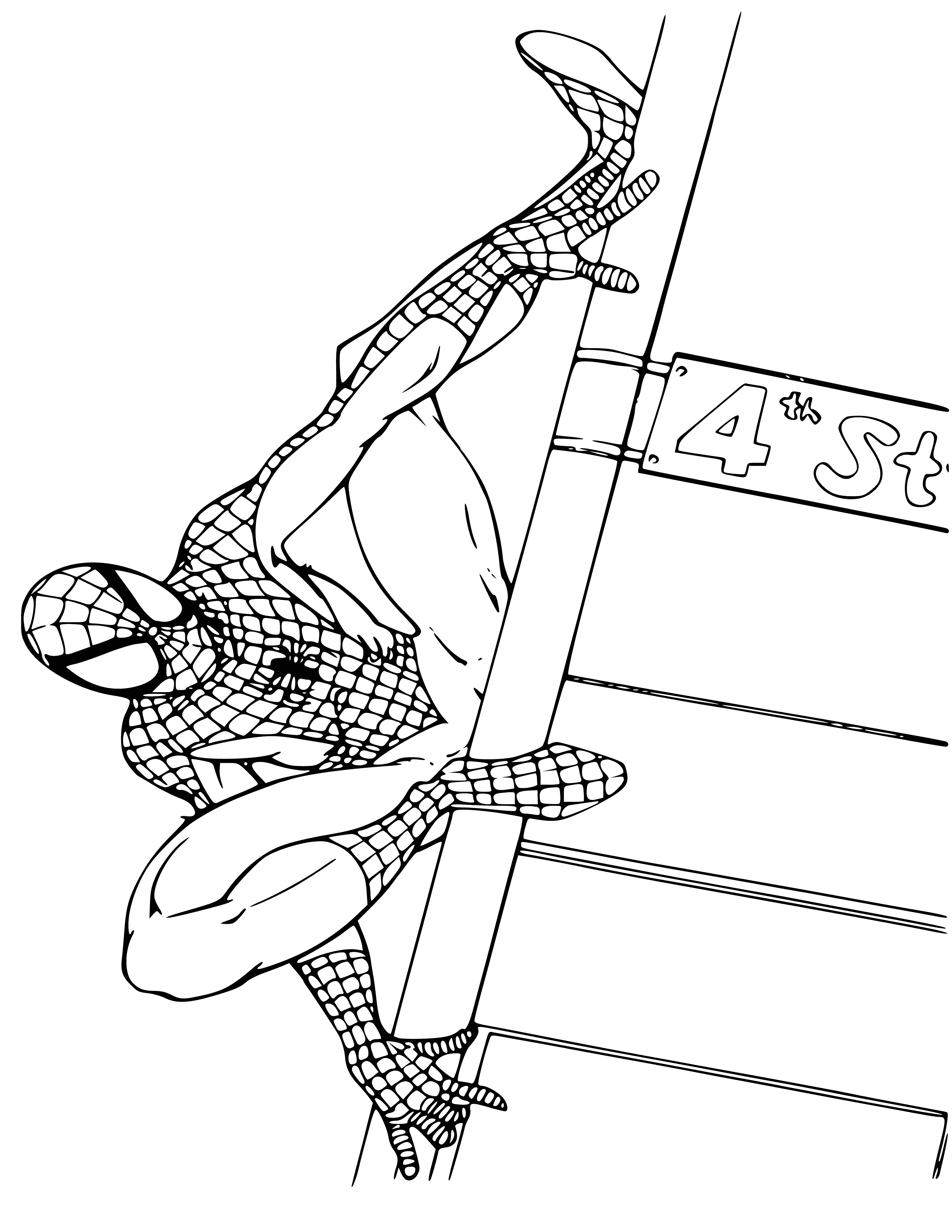 coloring page: A giant red spider crawls up a white background with black eyes, open mouth, and visible fangs.