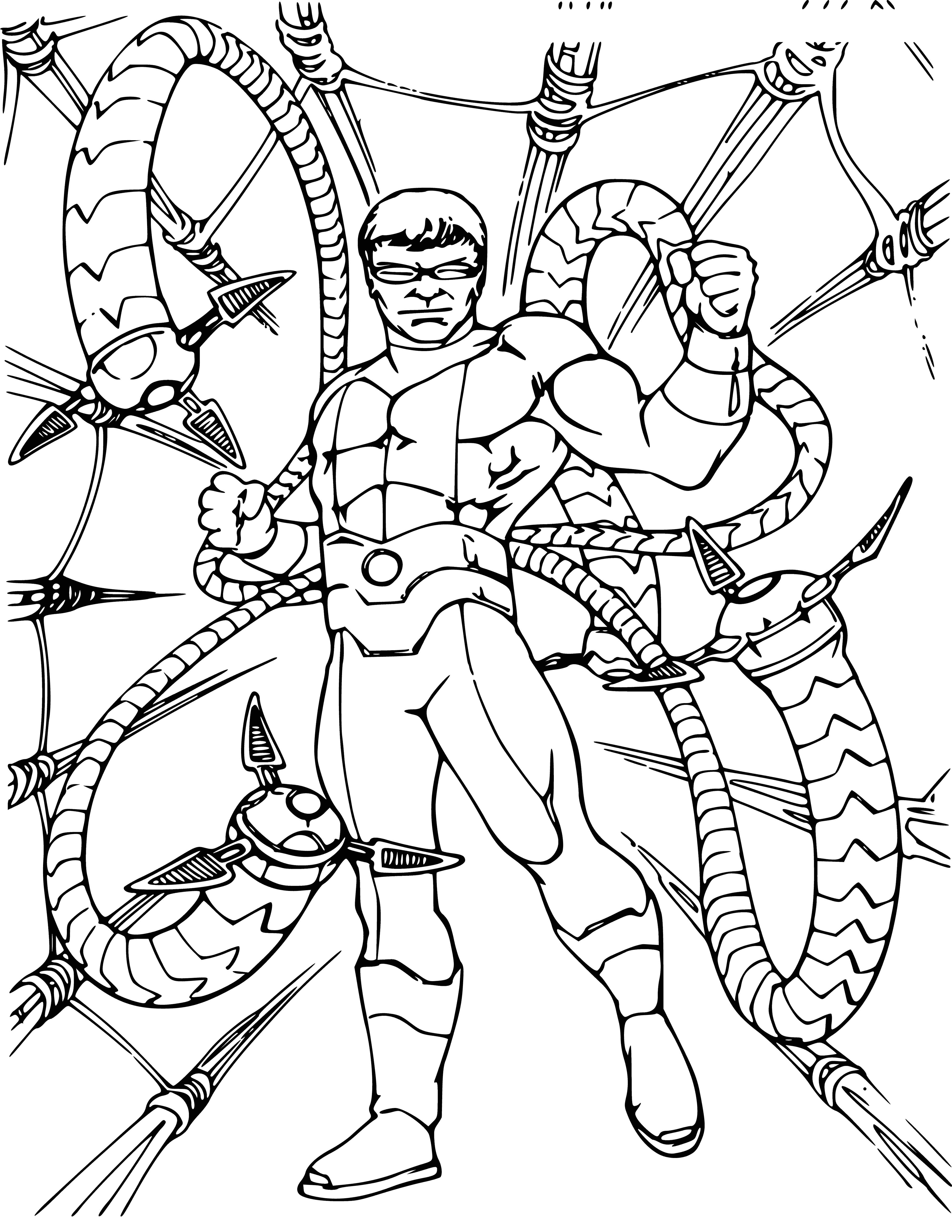 coloring page: Spiderman fights Doctor Octopus, sweat dripping from face, determined look on his face. Doctor Octopus clasps tightly with metal arms.