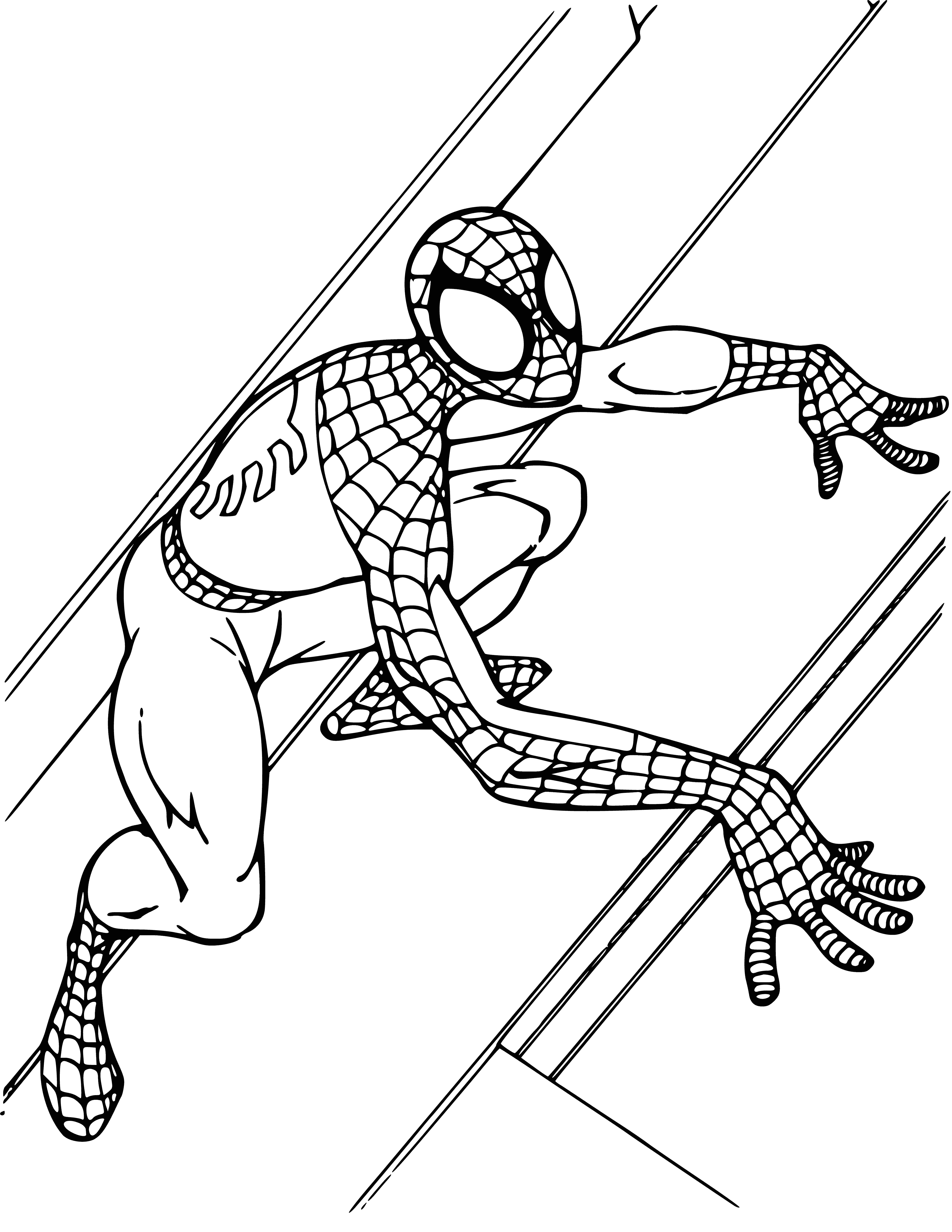 coloring page: Spidey flies, masked and powerful, through the air over tall city buildings. White spider-symbol front & back.
