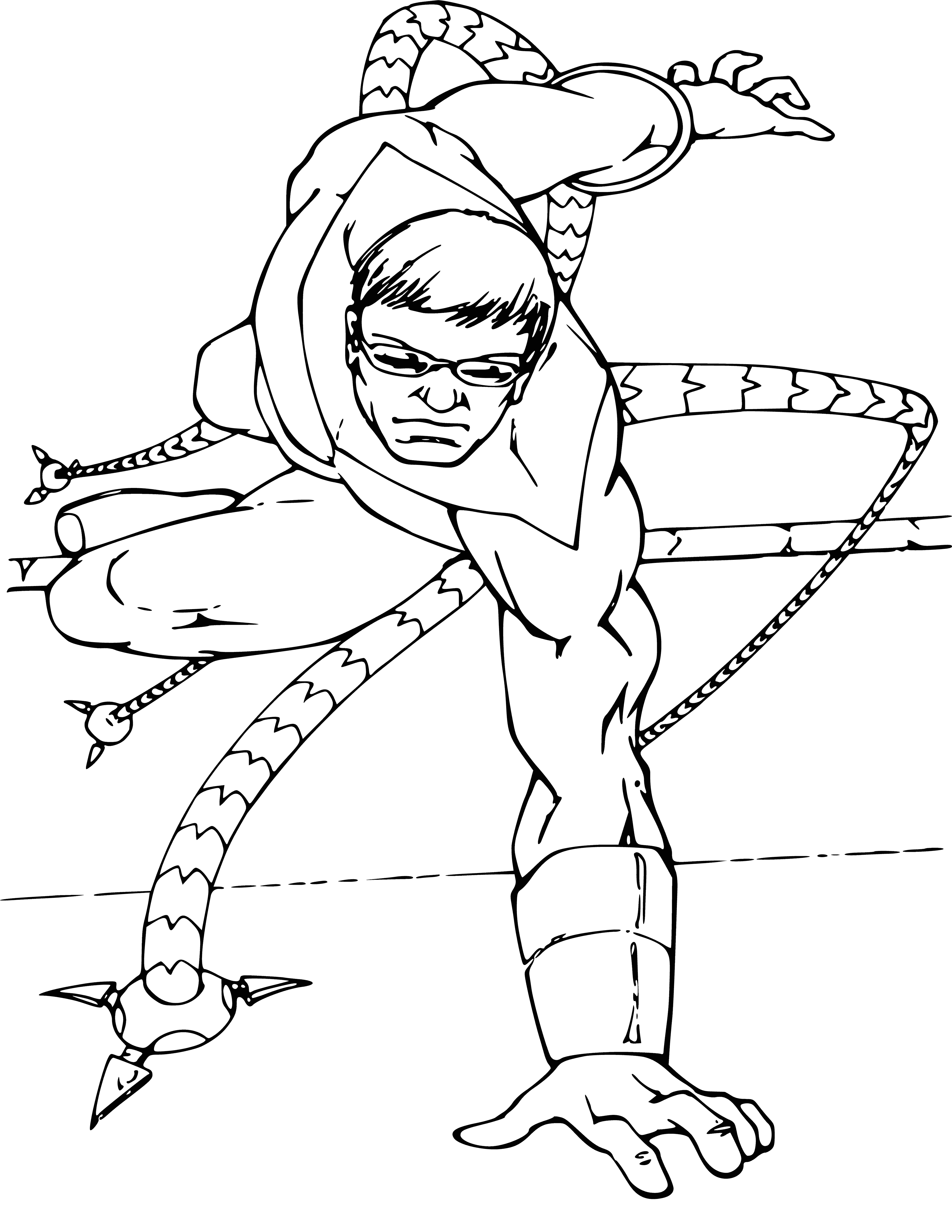 coloring page: Spiderman wins epic battle vs. Dr. Octopus, who is a purple-suited villain with metal tentacles. The web-slinger triumphs with his iconic red and blue suit intact! #spiderman