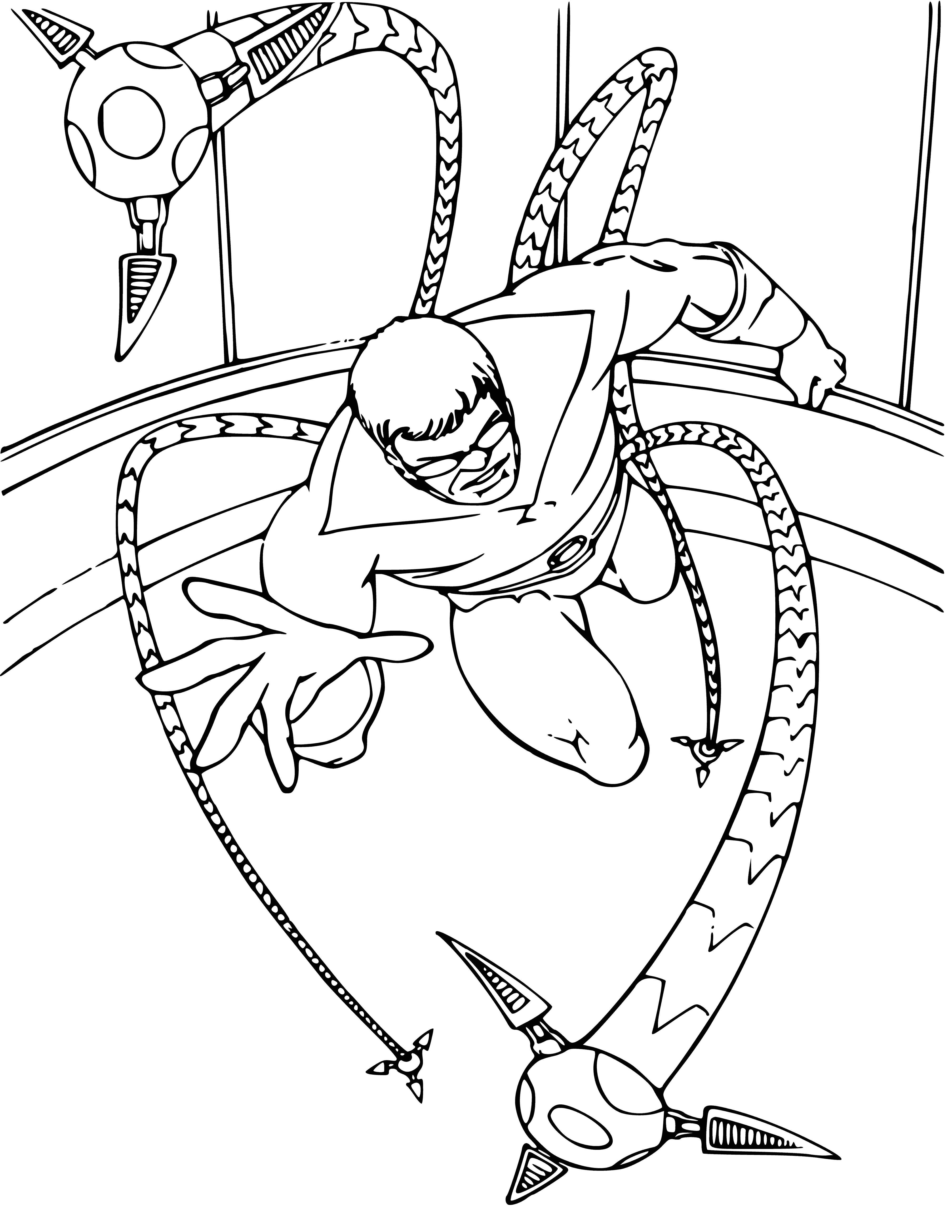 coloring page: Man in spider suit and doctor with metal tentacles fight to the death.