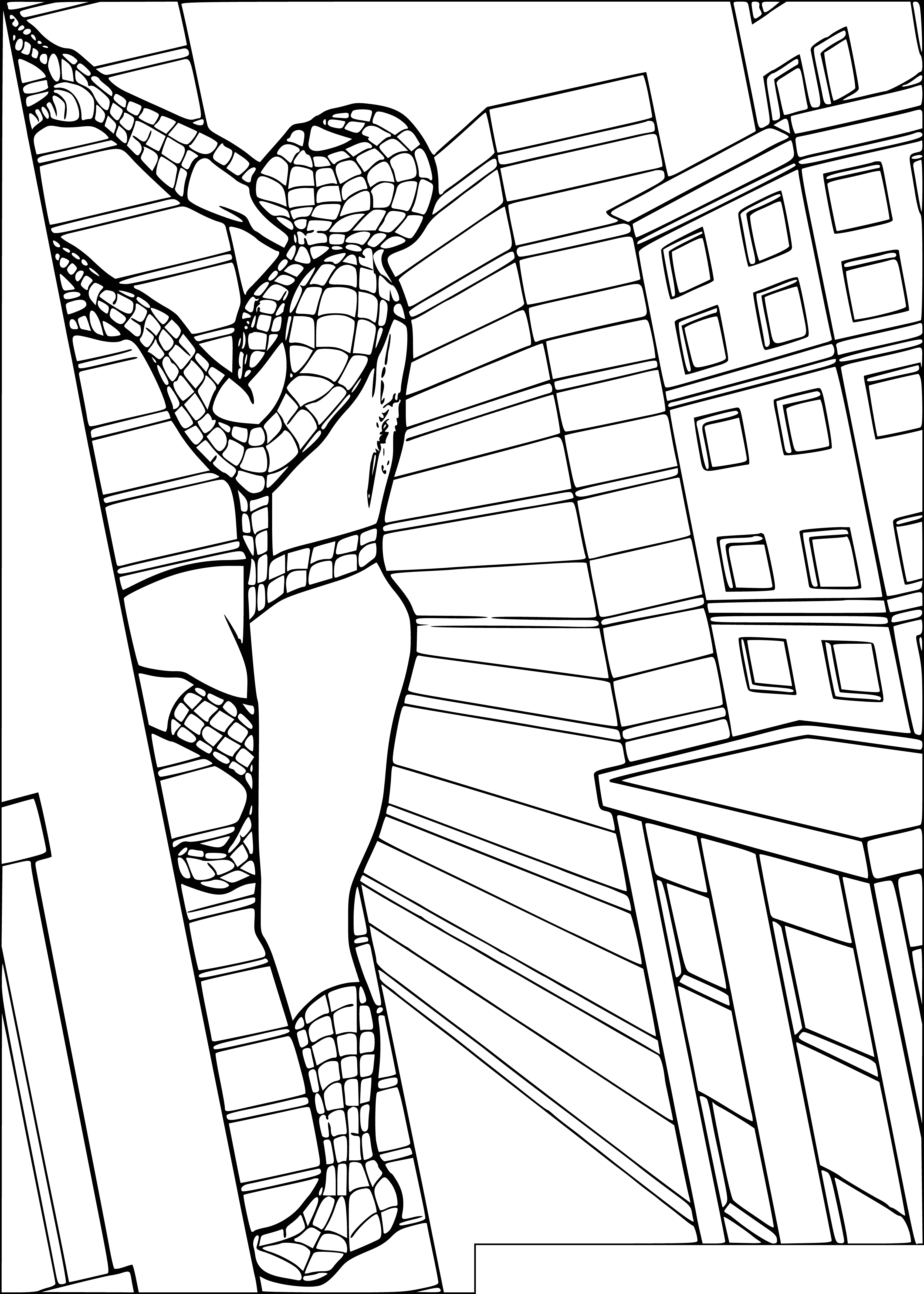 coloring page: Spider-Man stands on a building in his iconic red and blue suit with a black spider on the chest and blue eyes behind a red mask. He has black gloves/boots and arms outstretched. #Spiderman #coloringpage