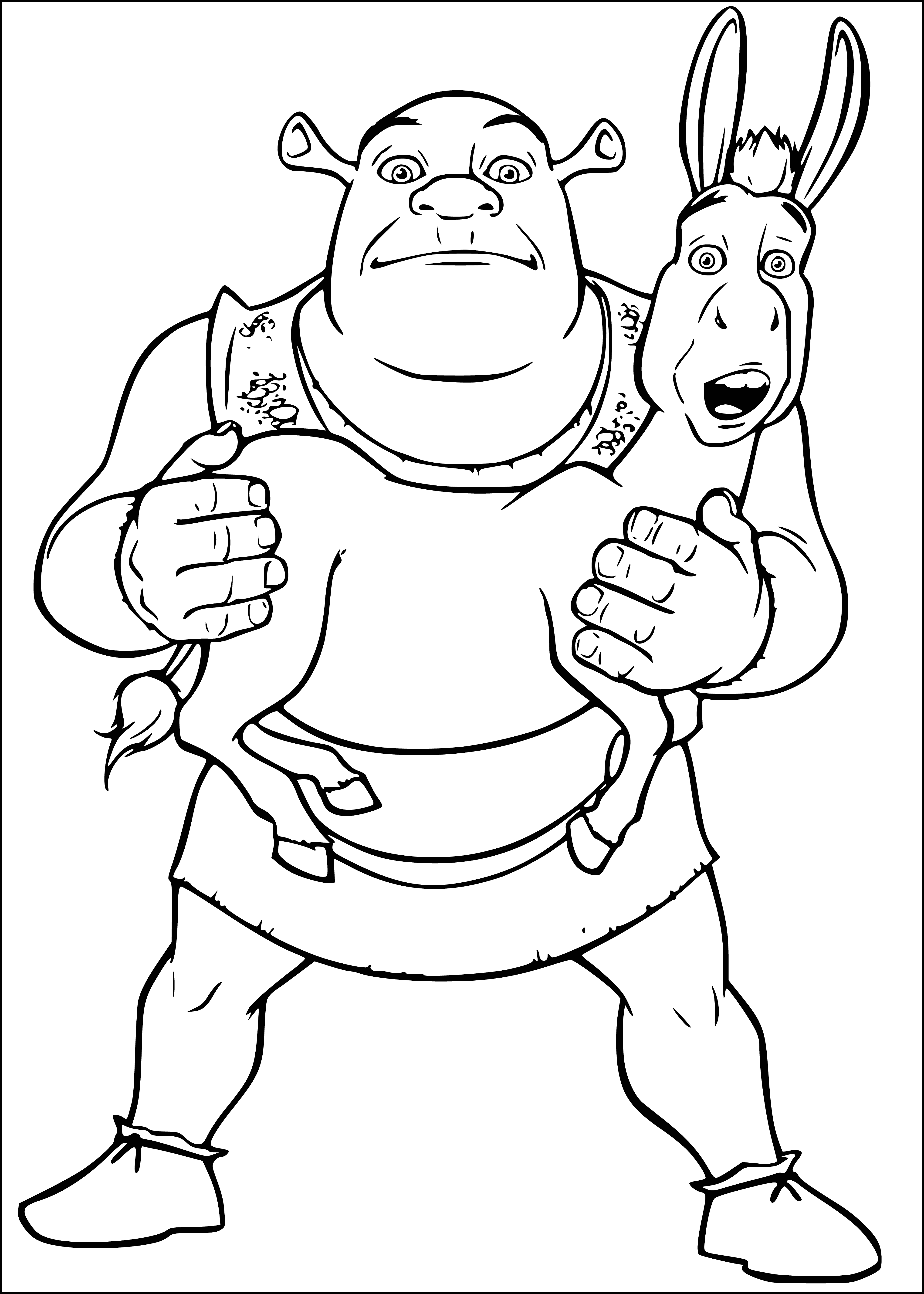 coloring page: Shrek is a large green ogre with yellow eyes and sharp teeth. Donkey is a small brown donkey with large ears and a tail in a blue cape.