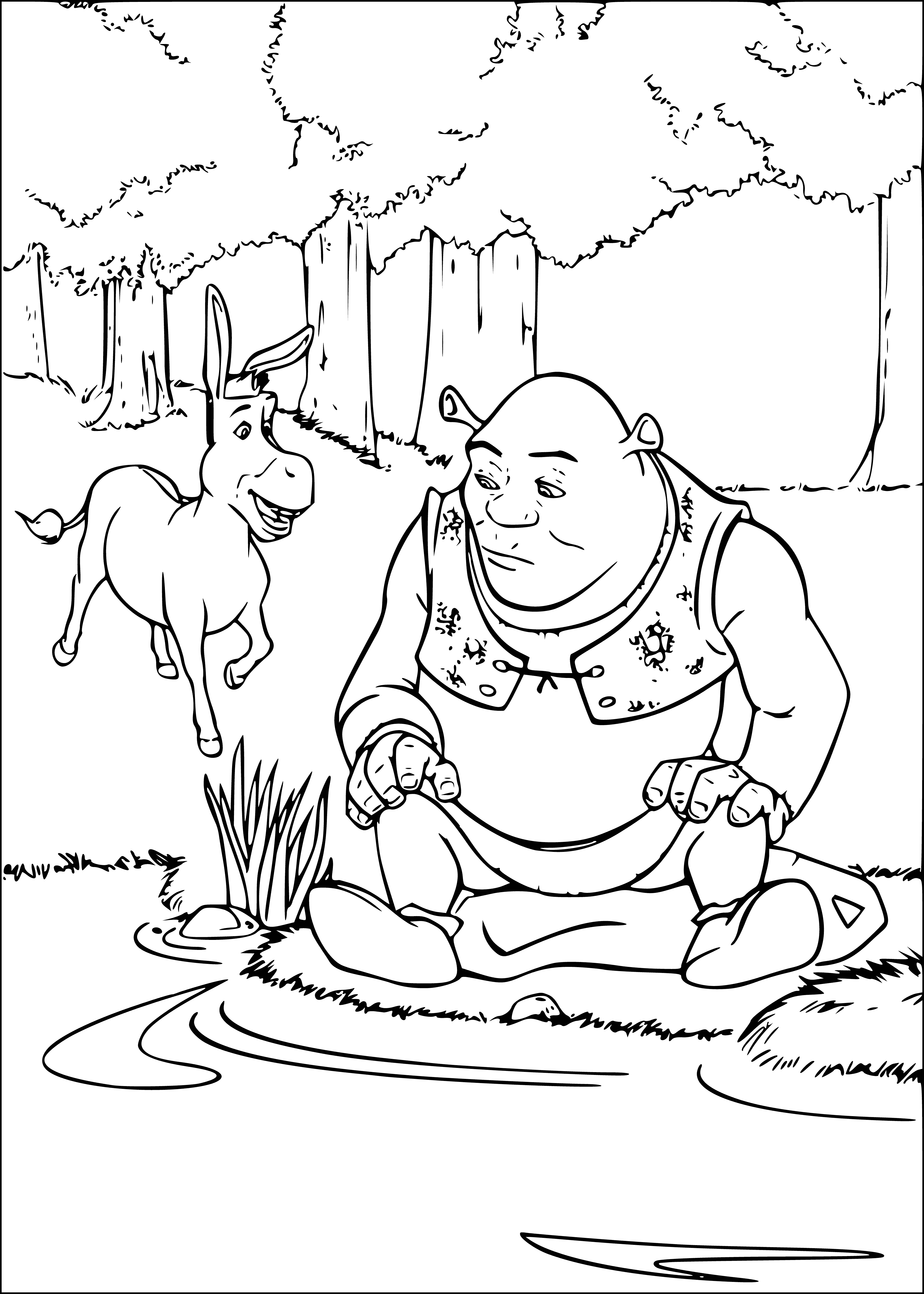 coloring page: Shrek is a large, muscular, green Cartoon Hero who is very brave & unafraid.