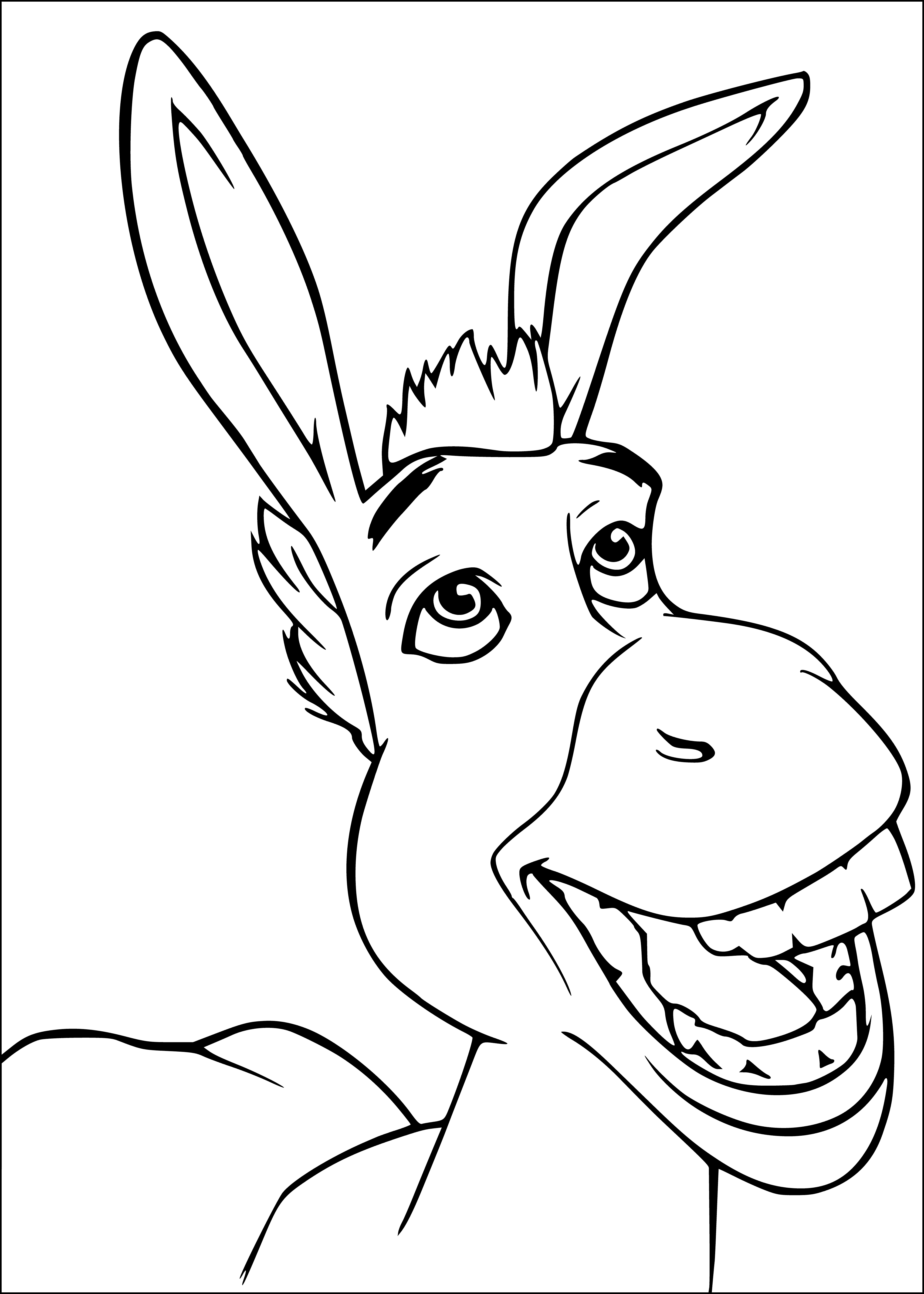 coloring page: Shrek is a green donkey with a red shirt and brown pants. He has big ears, a brown tail and a gold-buckled black belt.
