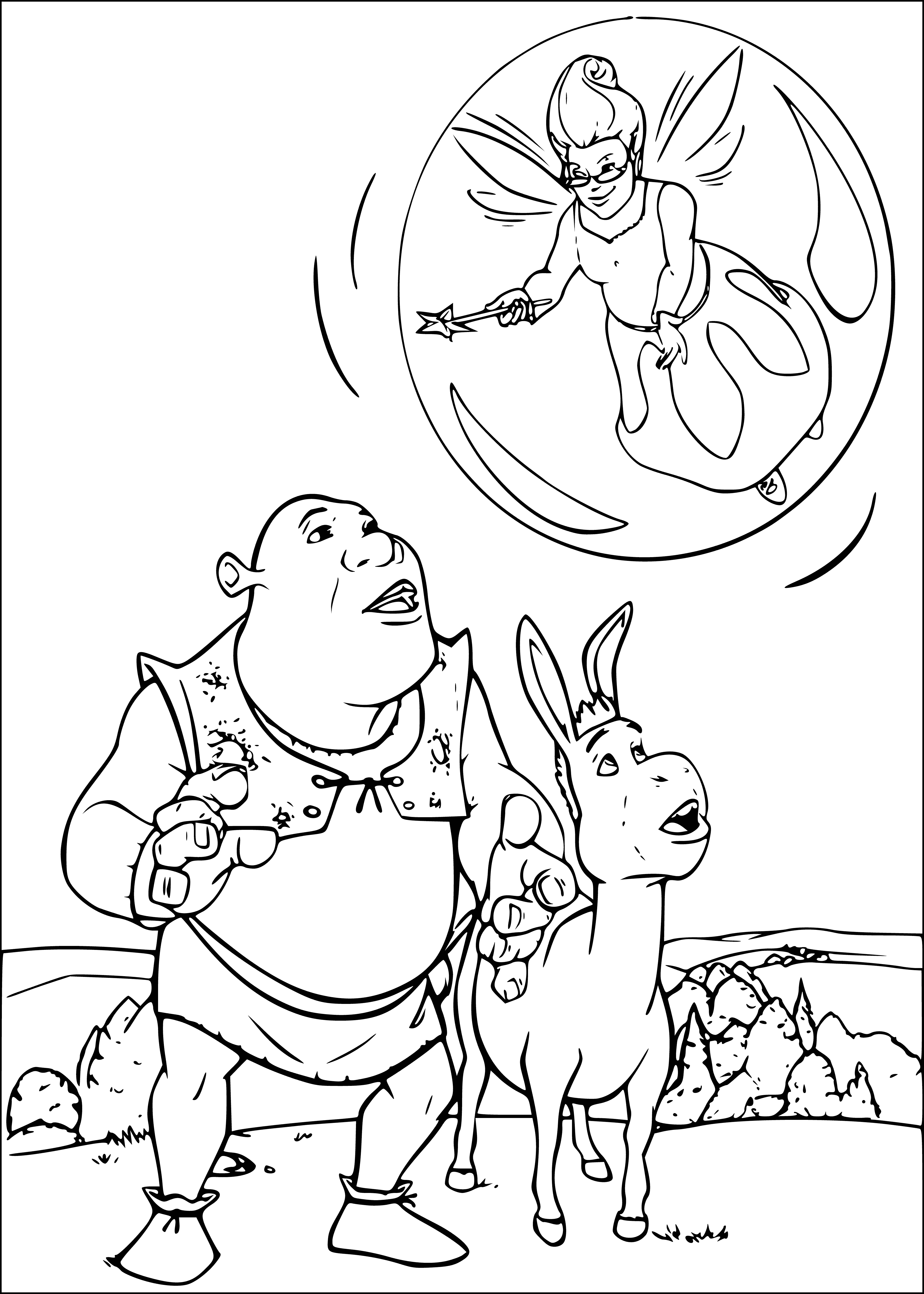 Shrek, Donkey and Fairy coloring page