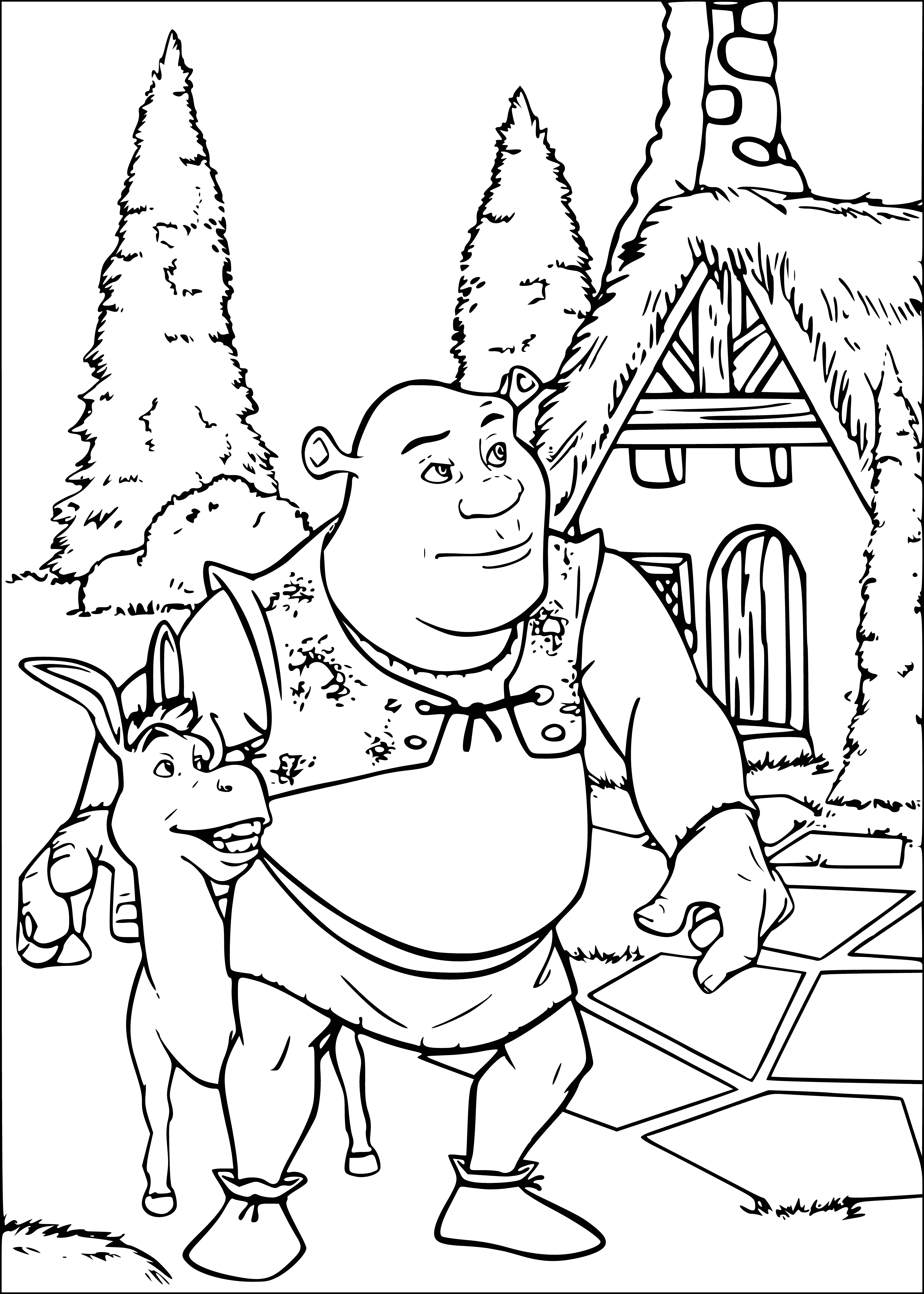 coloring page: Shrek & Donkey stand side-by-side in a field, both glaring at the camera with serious expressions.