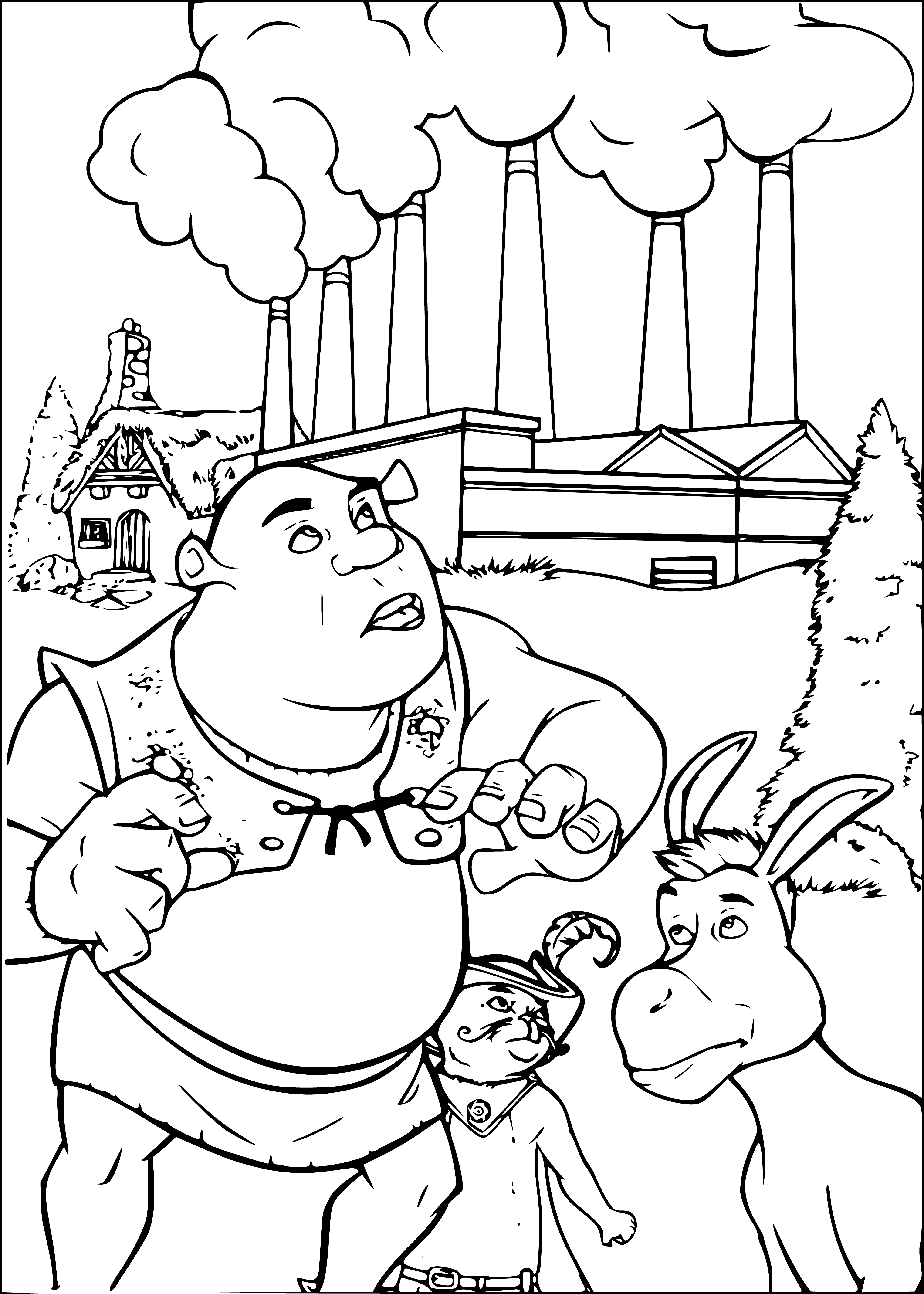 coloring page: Shrek stands happily with his animal friends looking on; arms crossed, big grin & all.