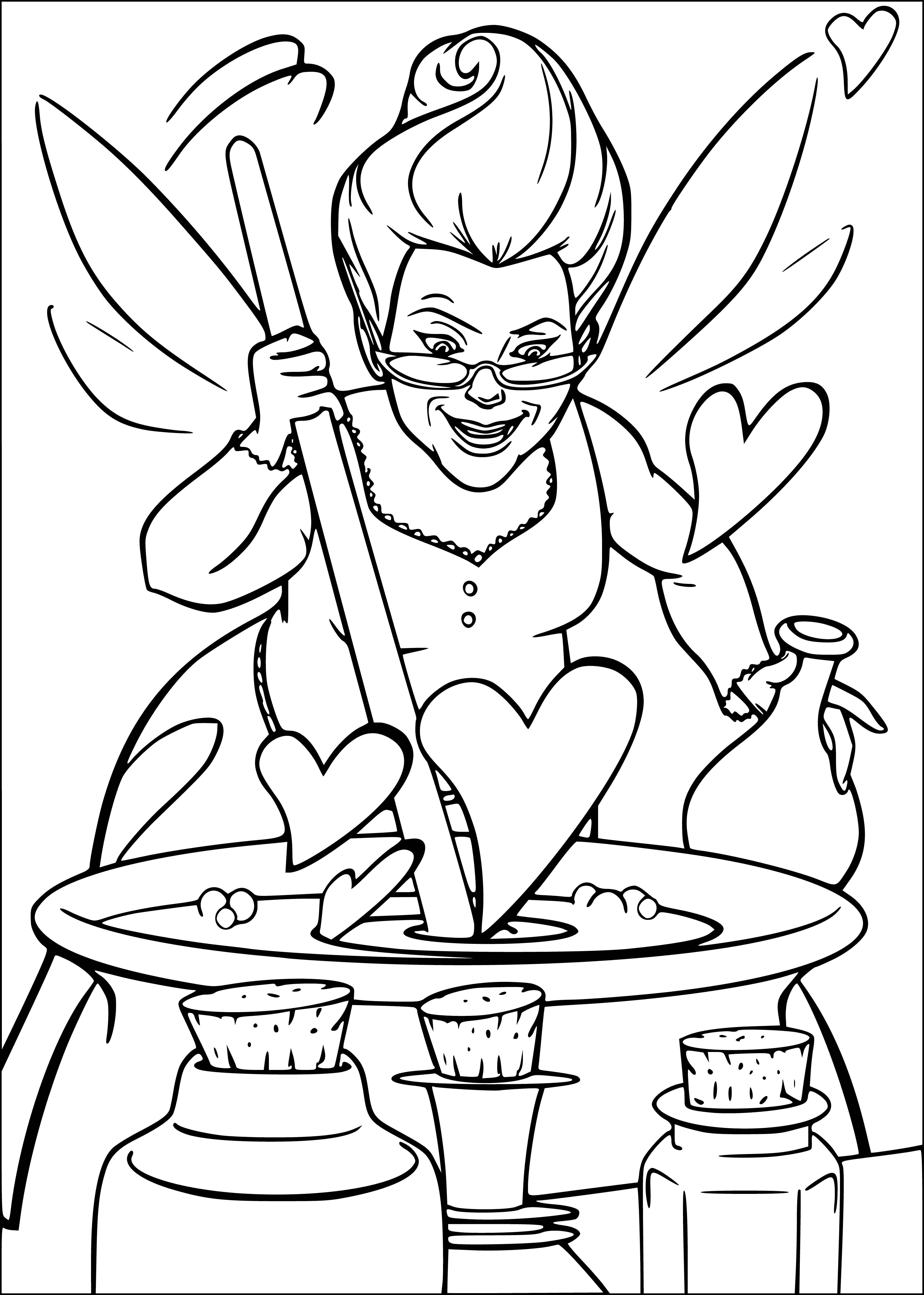coloring page: Woman with blonde hair, pink dress and wand surrounded by small animals.