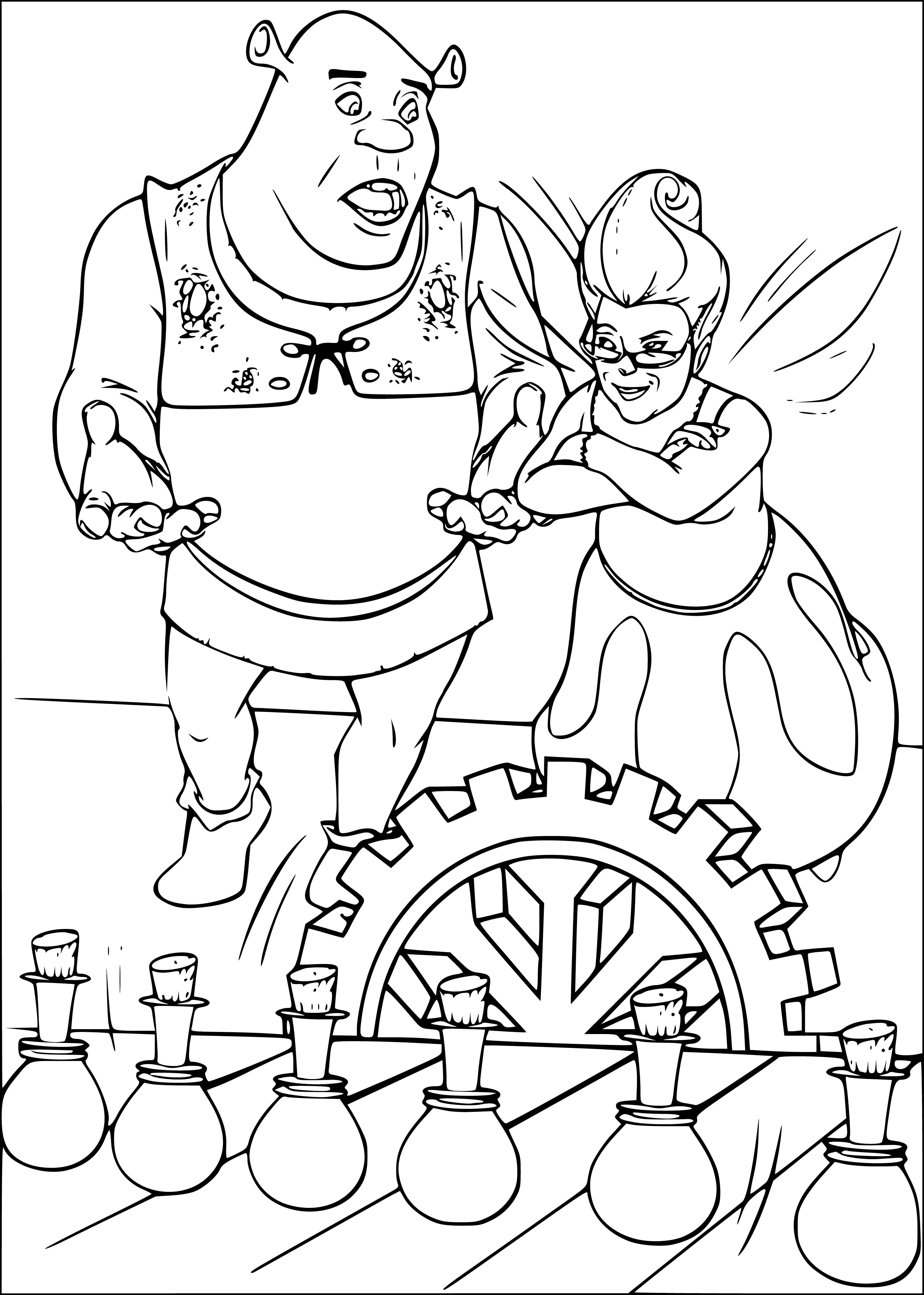 coloring page: Shrek, a giant green ogre, holds a terrified fairy by her wings with a wicked grin on his face.