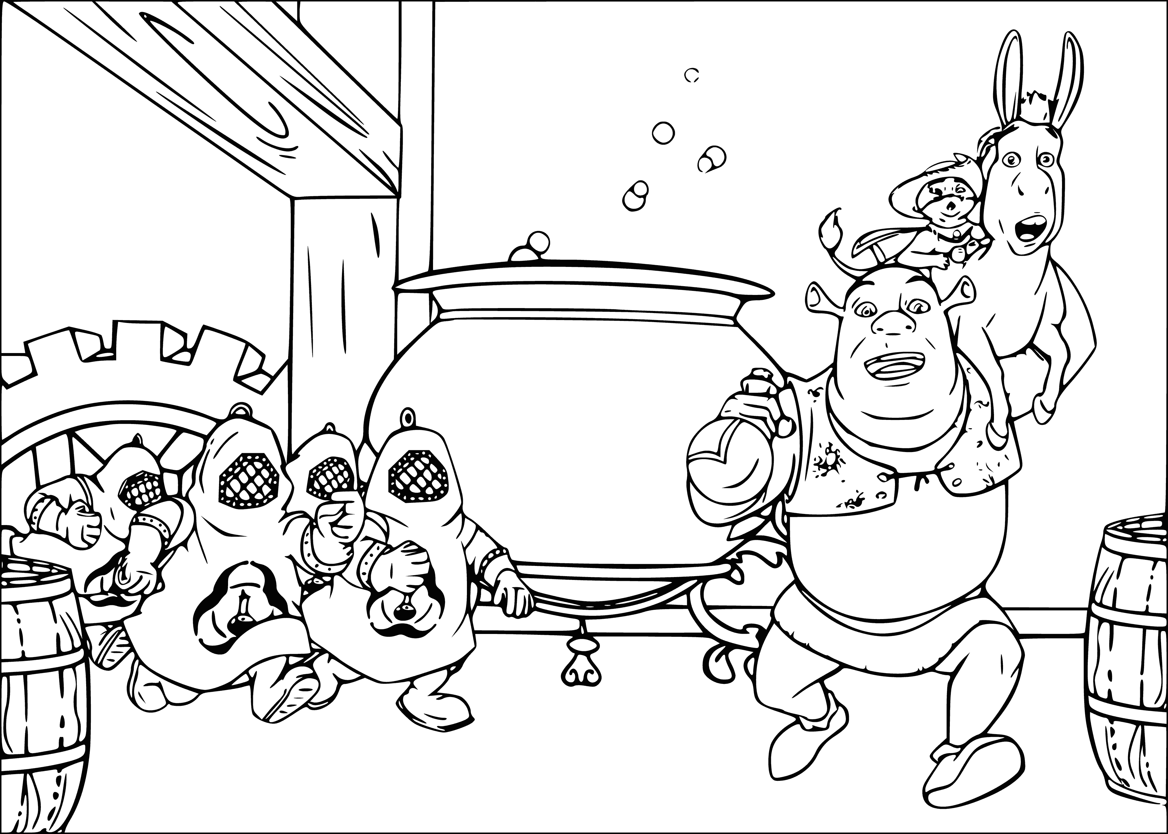 coloring page: Shrek escapes a factory by climbing on boxes to find the exit.