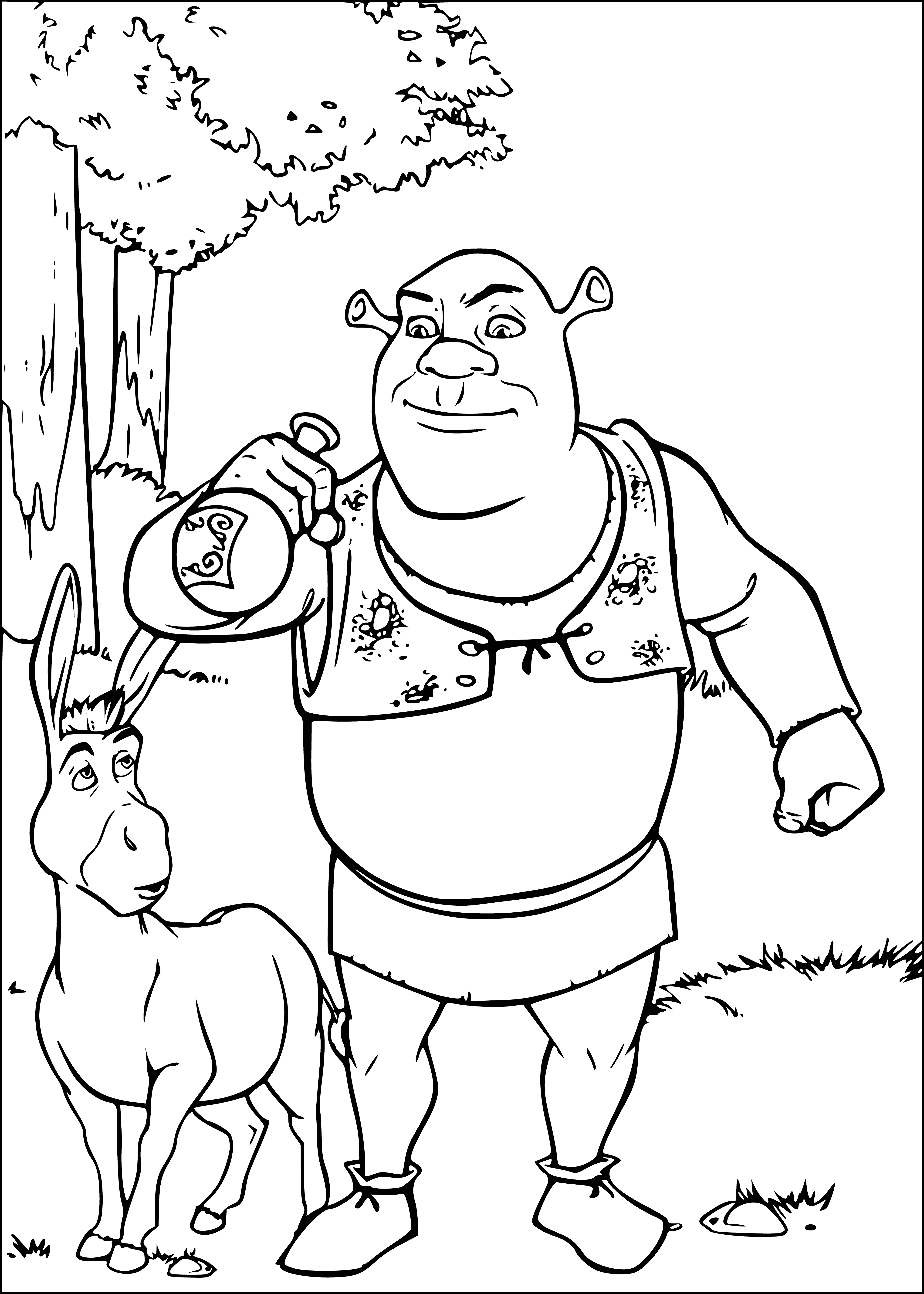 coloring page: Shrek struggles to drink a green, lumpy potion, facing disgust as sweat builds on his forehead.