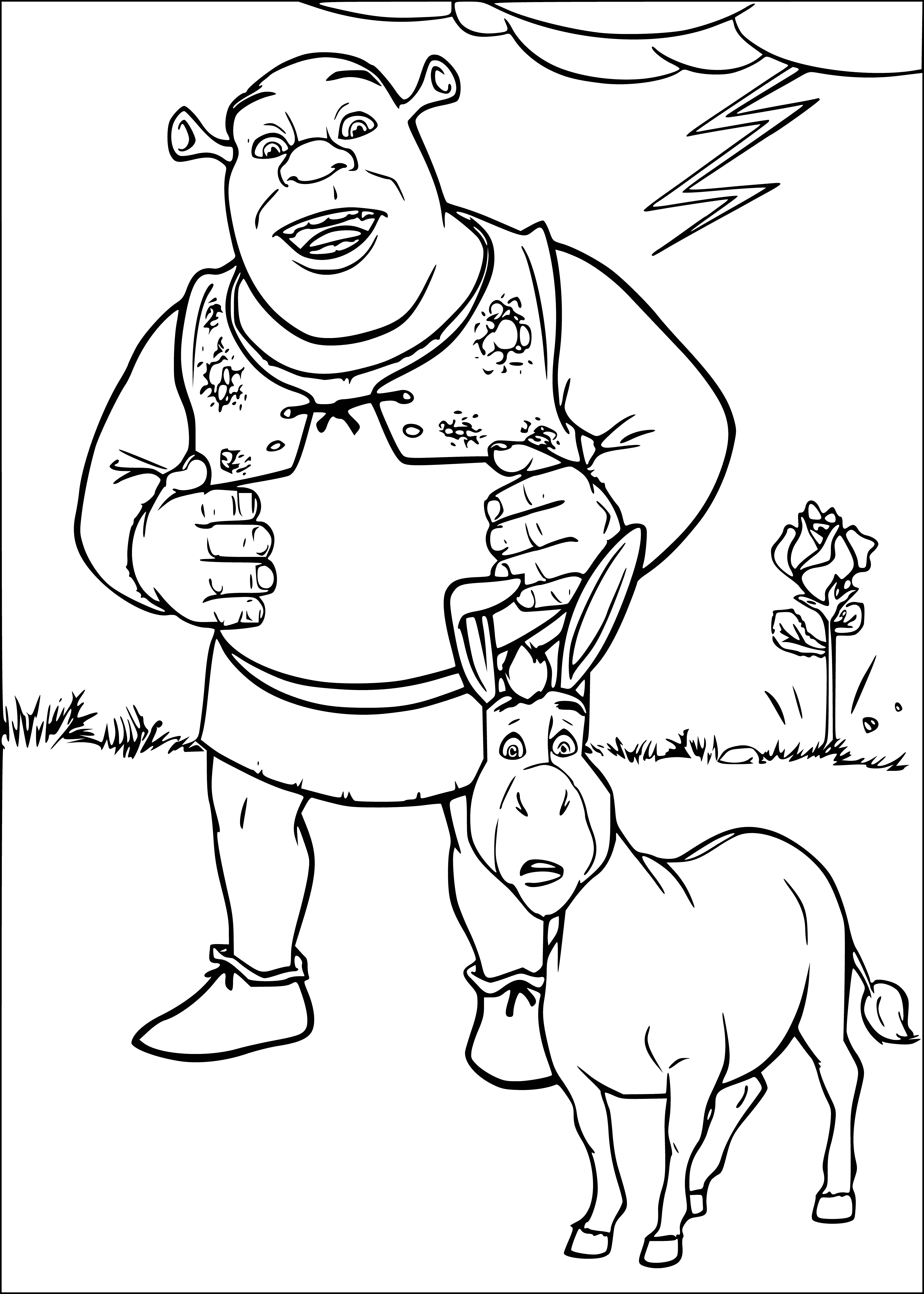 coloring page: Shrek is a large, green ogre holding a brown donkey by the reins. He's wearing brown trousers, vest and boots. Donkey has large, brown eyes and a long, brown tail.