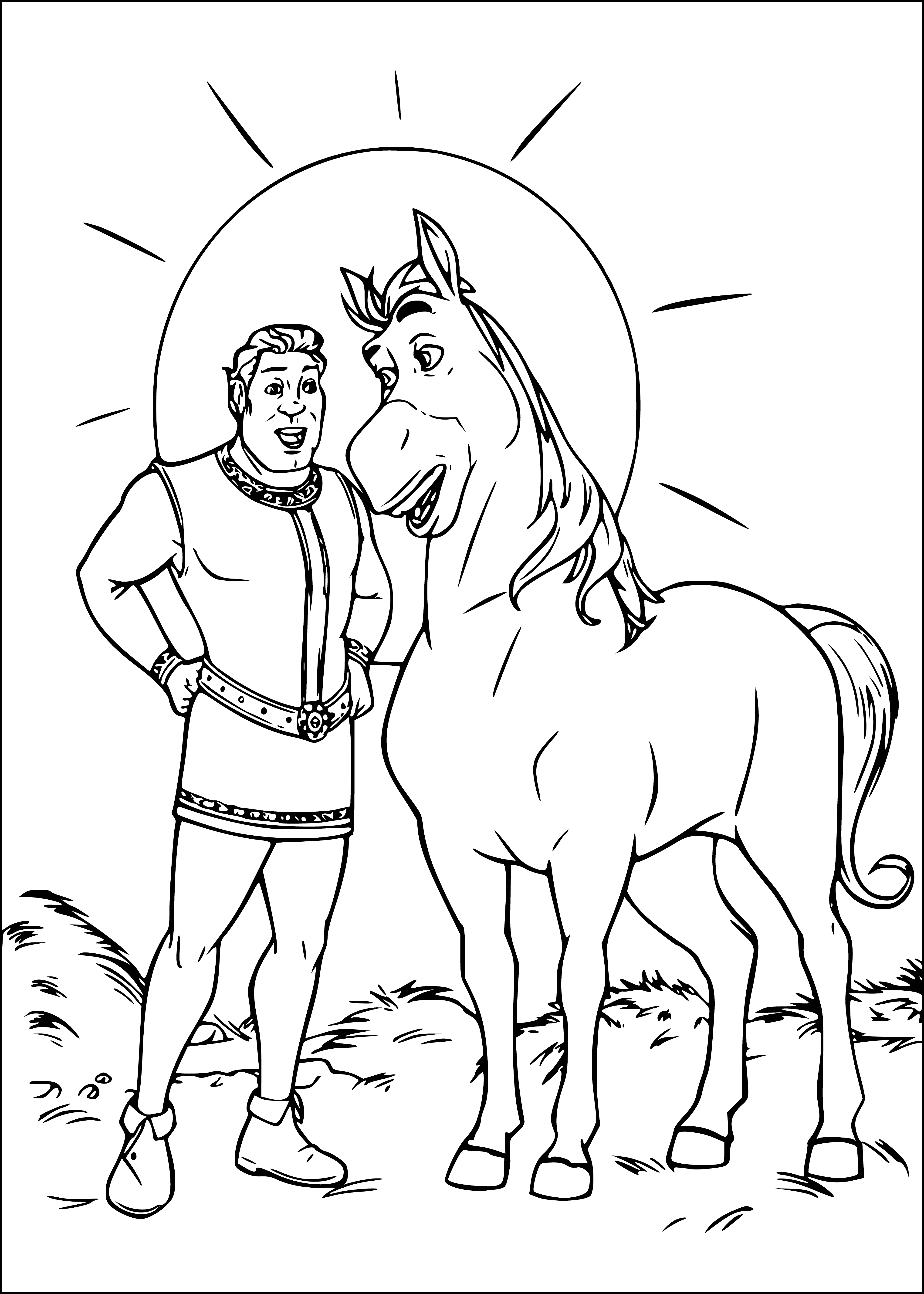 coloring page: Shrek stands in front of a castle with a donkey & cat at his sides, amid an orange sky w/ stars. He wears a purple vest & has his arms crossed.
