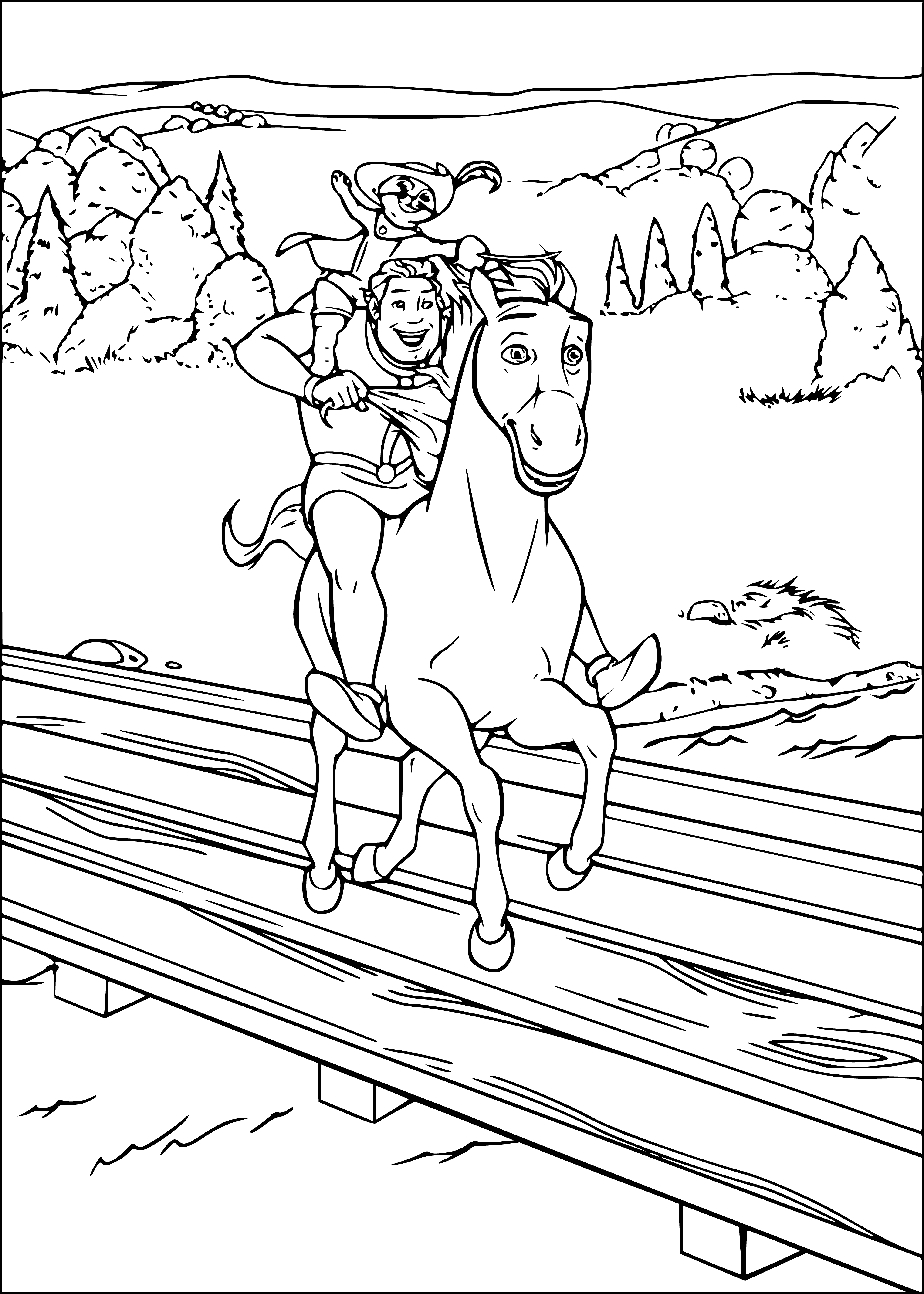 coloring page: Shrek and cat observe donkey with bridle/saddle but no rider.