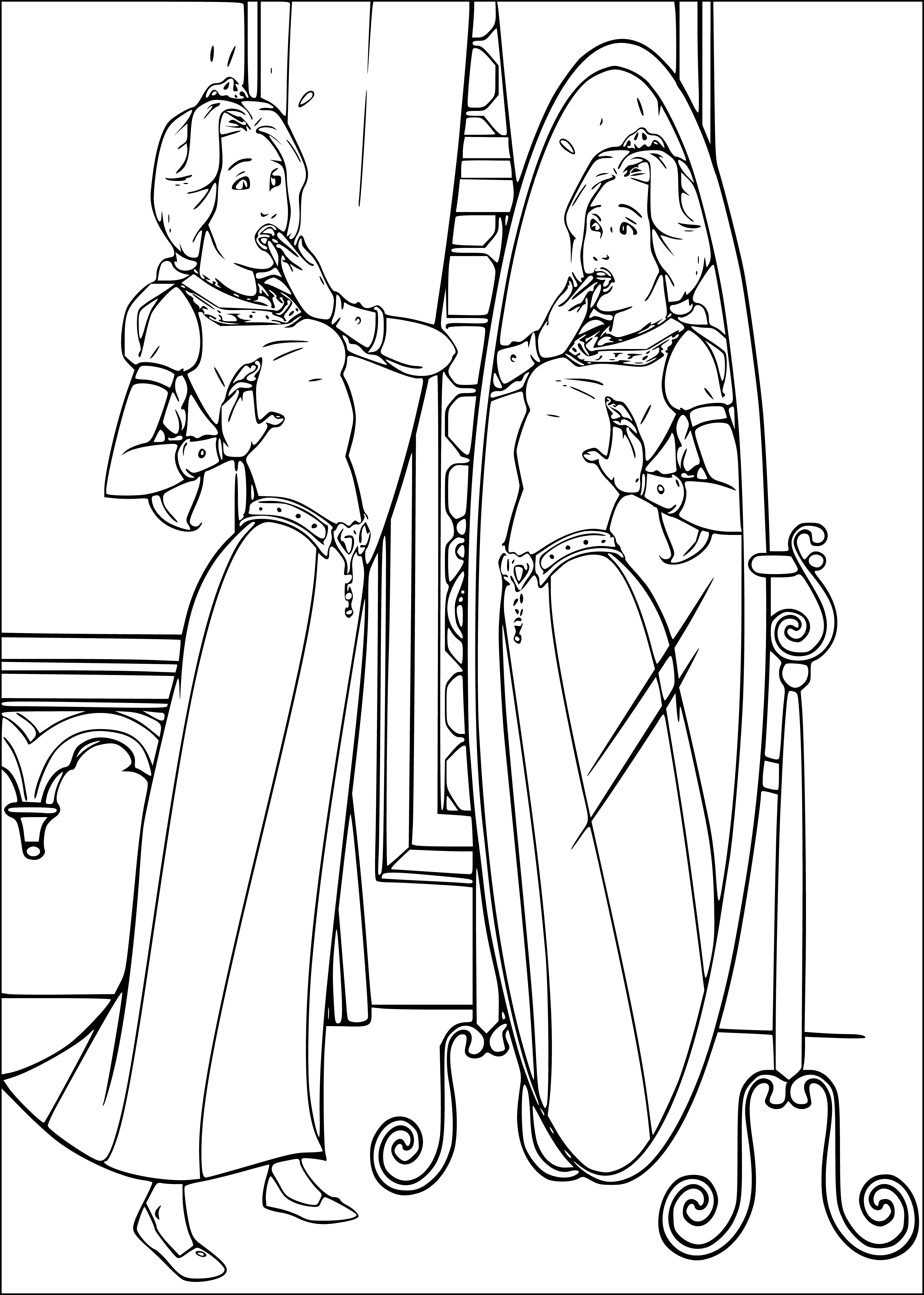 coloring page: Princess Fiona stands in front of a castle, hands on her hips, in a green dress, pink cape & blue crown. #Shrek