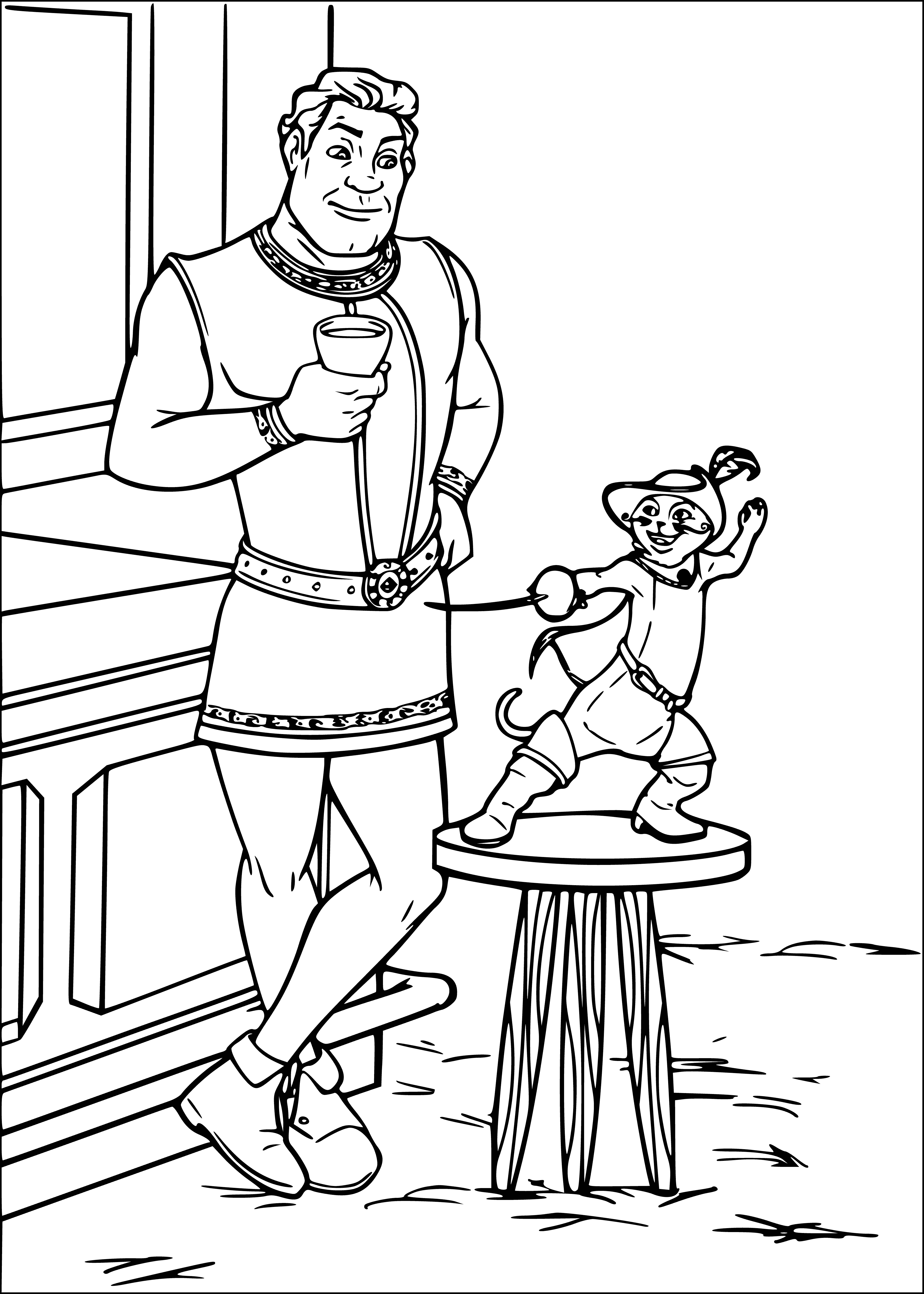 coloring page: Big green ogre Shrek and small orange cat looking at something off camera; Shrek content, cat scared.