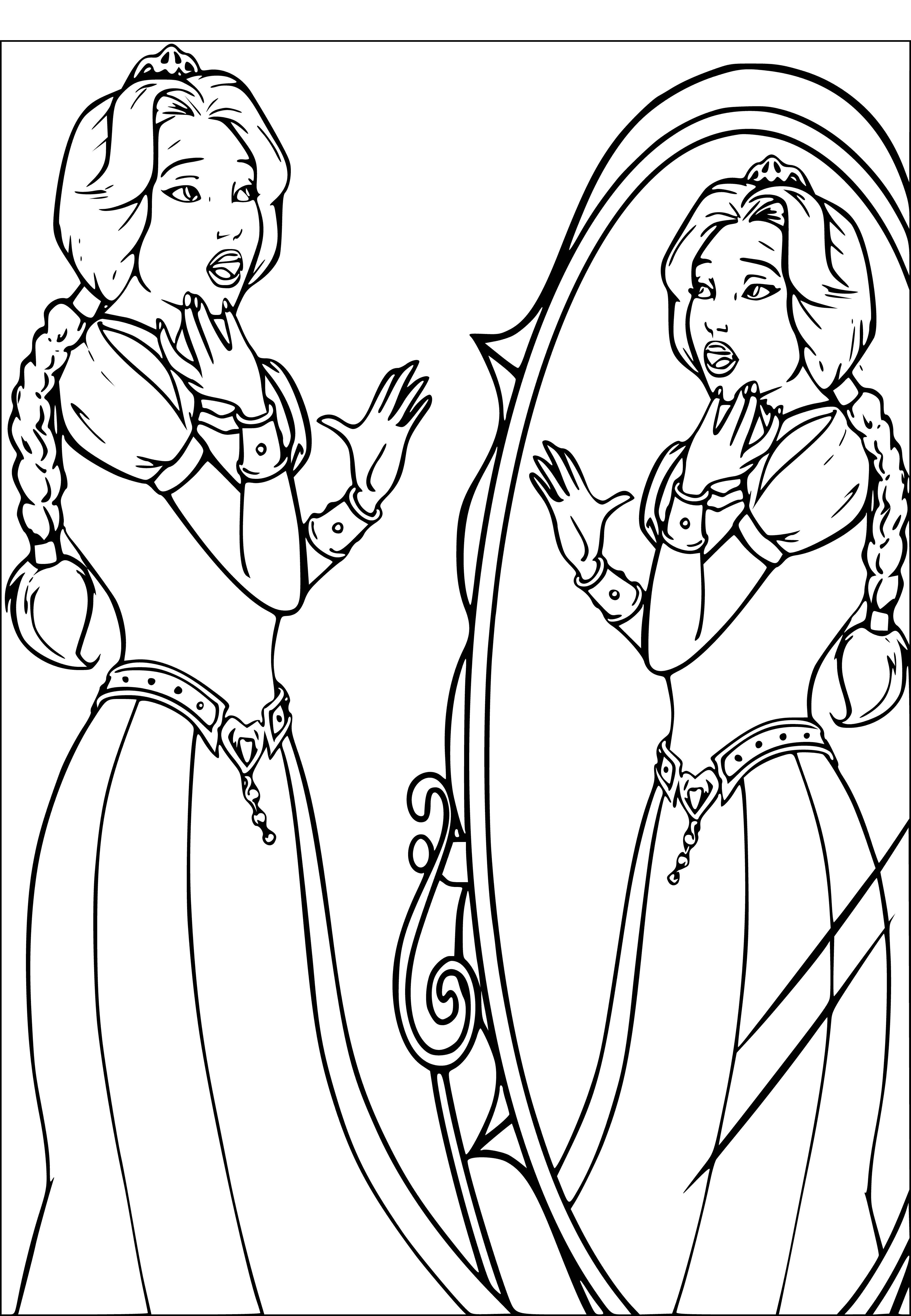 coloring page: Shrek and Princess Fiona stand in view of a castle, facing each other with a donkey behind him & her crwned beauty clad in pink behind her.