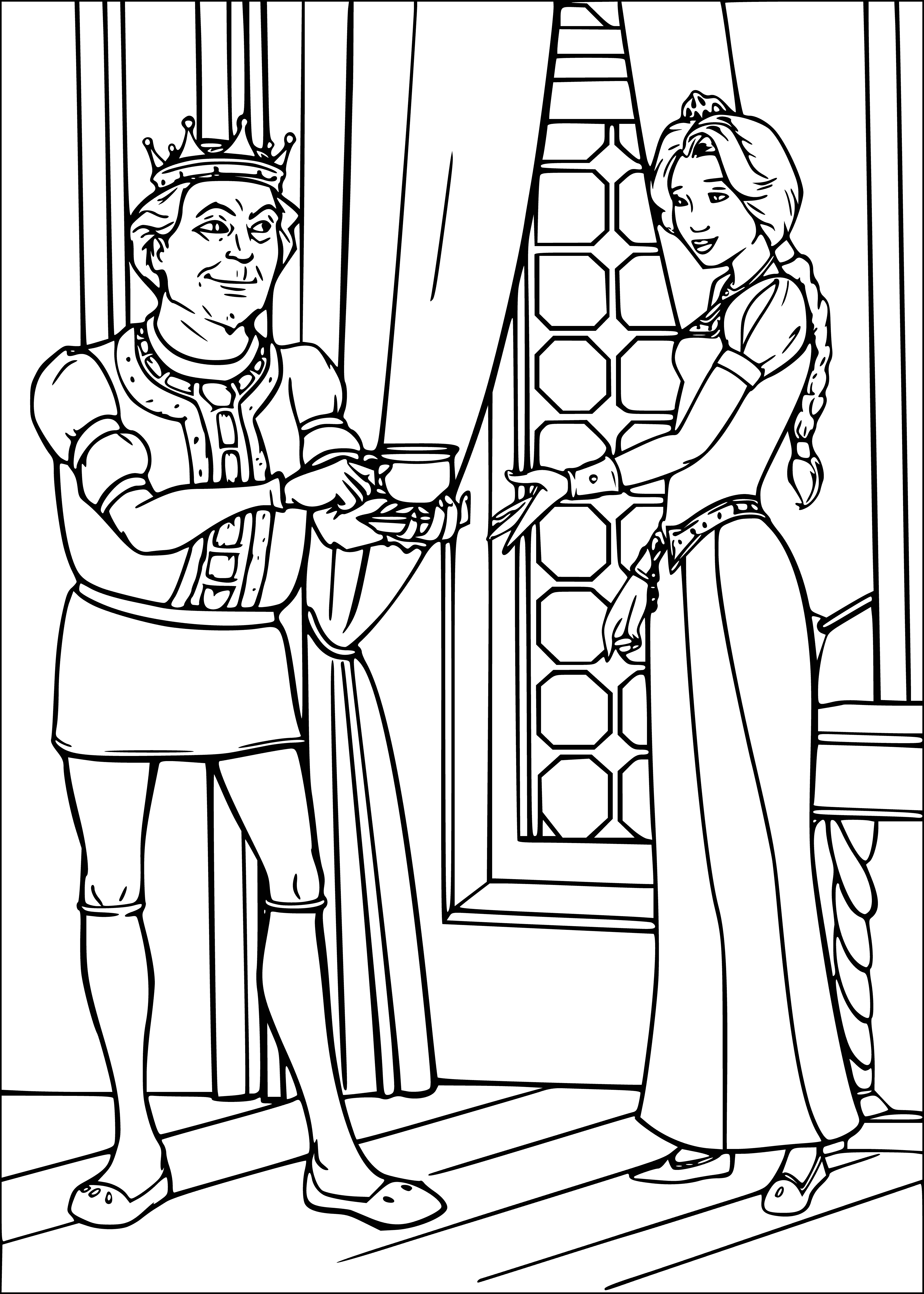 coloring page: Shrek looks content reflecting on his dad while sipping tea and coloring a page.
