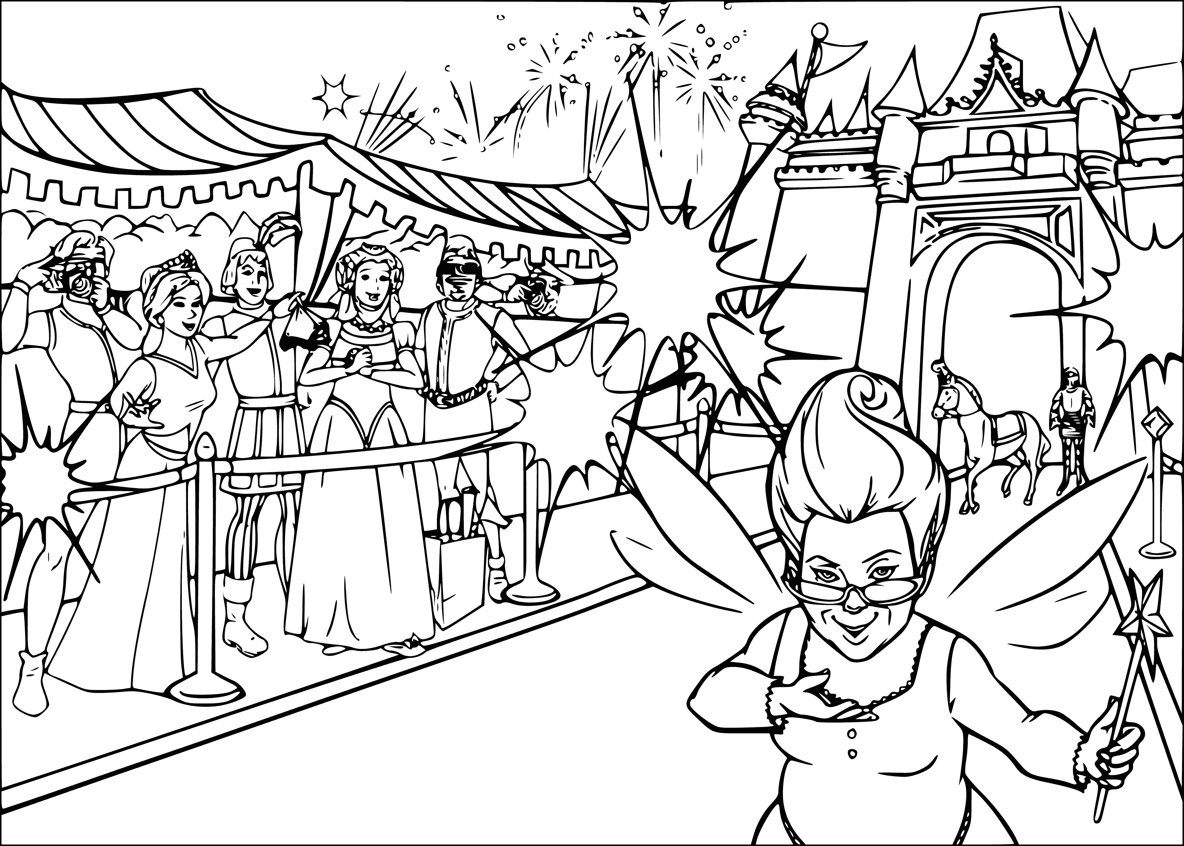 coloring page: Coloring page of the red carpet for movie "Shrek", featuring "Shrek" in green letters, two green trees, & people in different clothes holding cameras. #Shrek